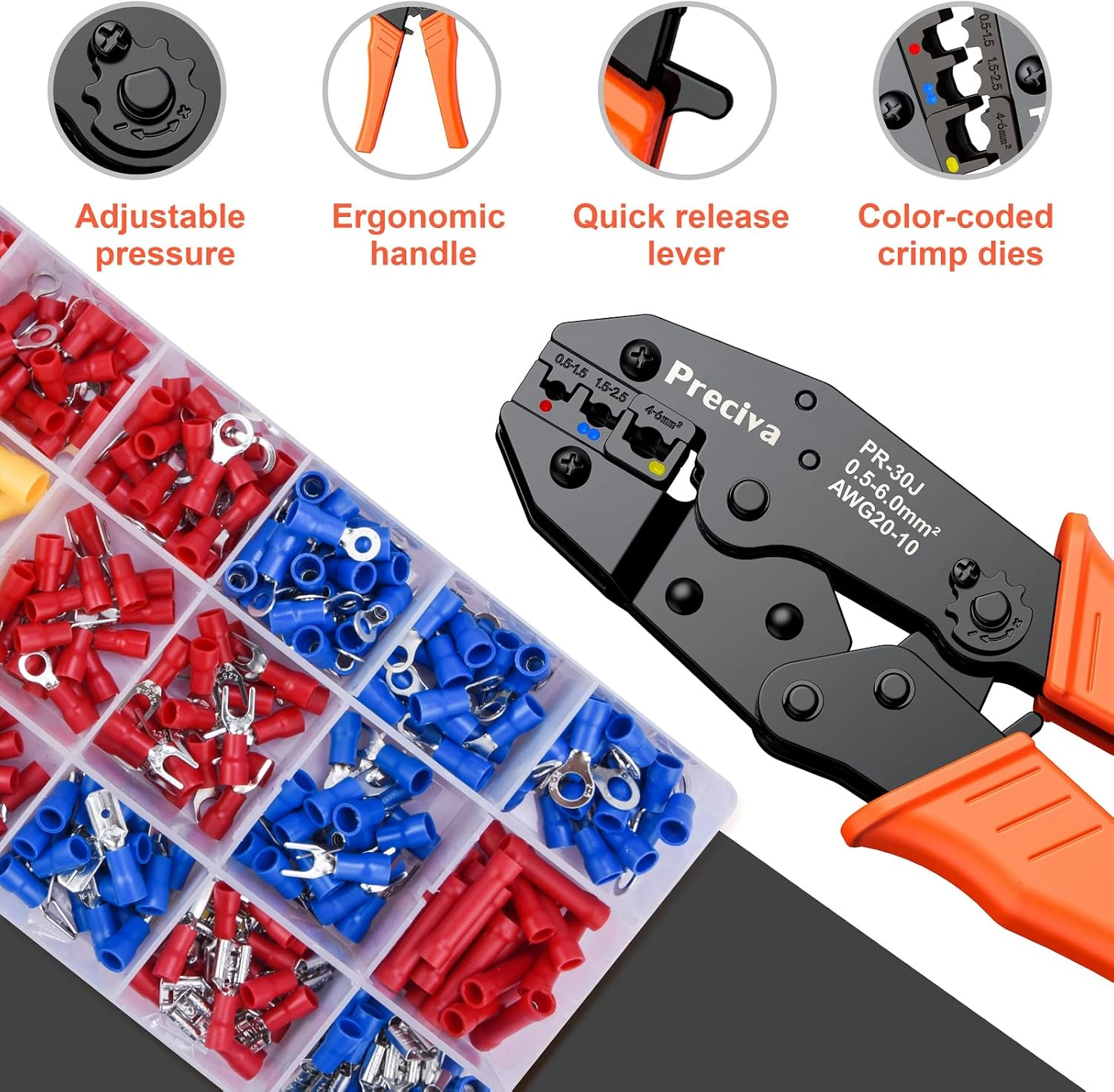 Preciva Crimping Pliers Cable Lugs Set, Crimping Pliers, Crimping Pliers, Cable Lugs Set with 350 Pieces, Electrical Connector Crimp Connector Assortment 0.5-6 Mm&sup2; for Insulated Cable Lugs image number 5