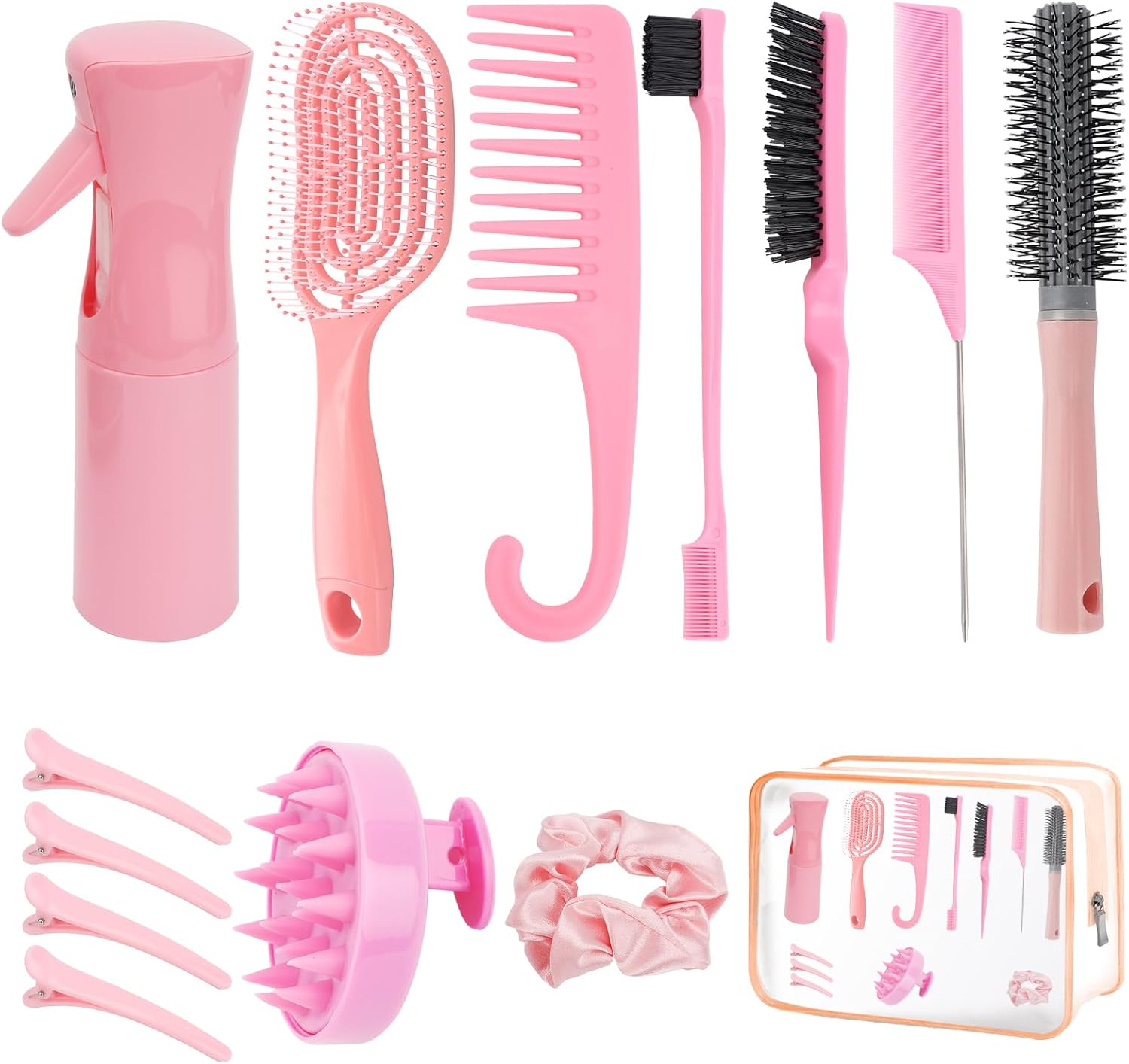 Hair Brush Set, 14 Pieces Hair Brushes, Hair Tools, Includes Transparent Cosmetic Bag, Spray Bottle, Edge Brush, Curling Brush, round Brush, Scalp Brush and Hairpins, Styling Tools image number 4