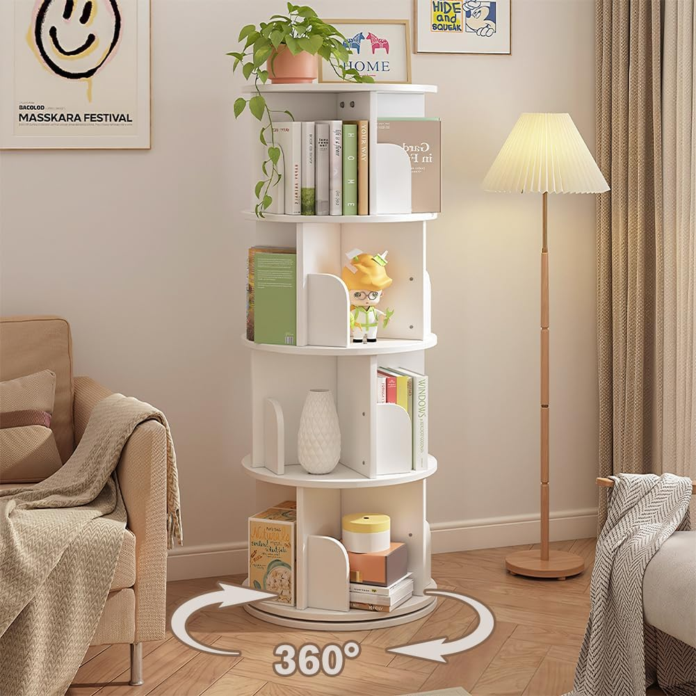 4 Tier Rotating Stackable Shelves Display Bookshelf Organizer Floor Standing Corner Narrow Revolving Bookcase for Living Room, Bedroom (White) image number 3