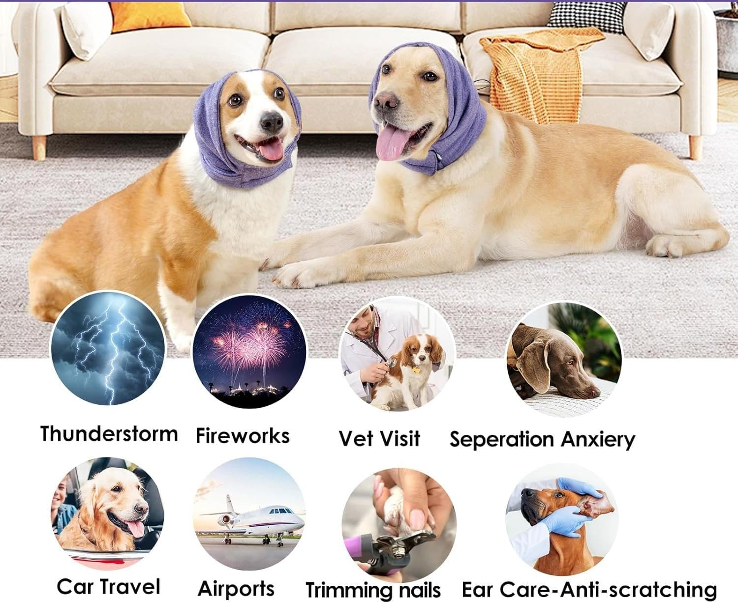 Dog Ear Muffs Noise Protection, Dog Calming Hoodie, No Flap Ear Wraps for Dogs, Soft Dog Noise Cancelling Ear Muffs, Dog Ear Cover for Anxiety Relief (Dark Purple, S) image number 1