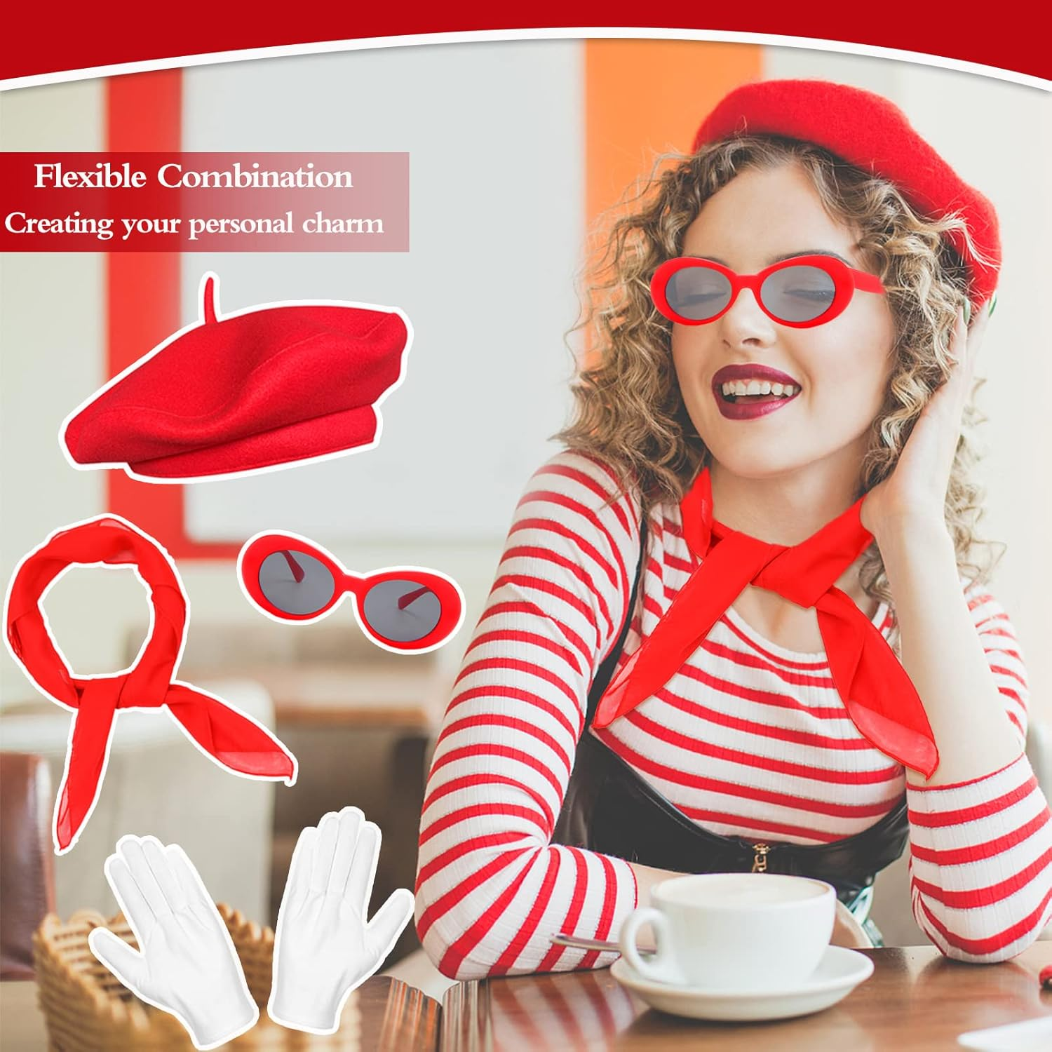 French Women Fancy Dress Costume Accessories Set French Artist Mime Kit with Red Beret Scarf Sunglasses Gloves for Women Girls Cosplay Party Supplies School Dress up Day image number 3