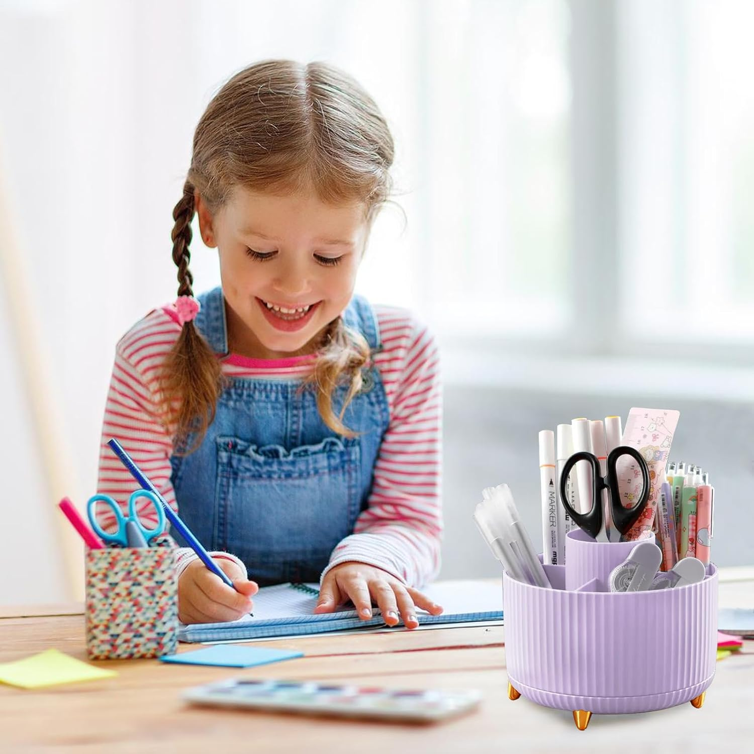 Cayxenful Pencil Holder for Desk,5 Slots 360&deg;Degree Rotating Desk Organizers and Accessories,Desktop Storage Stationery Supplies Organizer, Cute Pencil Cup Pot for Office, School, Home (Purple) - Green image number 4