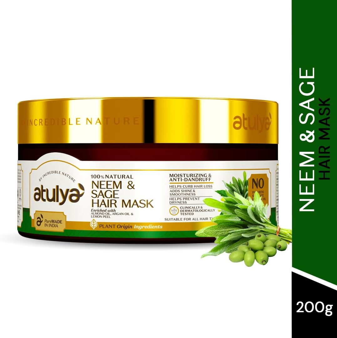 Atulya Neem & Sage Hair Mask - Sulphate & Paraben Free (100% Natural) | Natural Hair Mask, Herbal Hair Mask | Hair Conditioner for Dry Frizzy Hair, Hair Fall Control, Hair Nourish