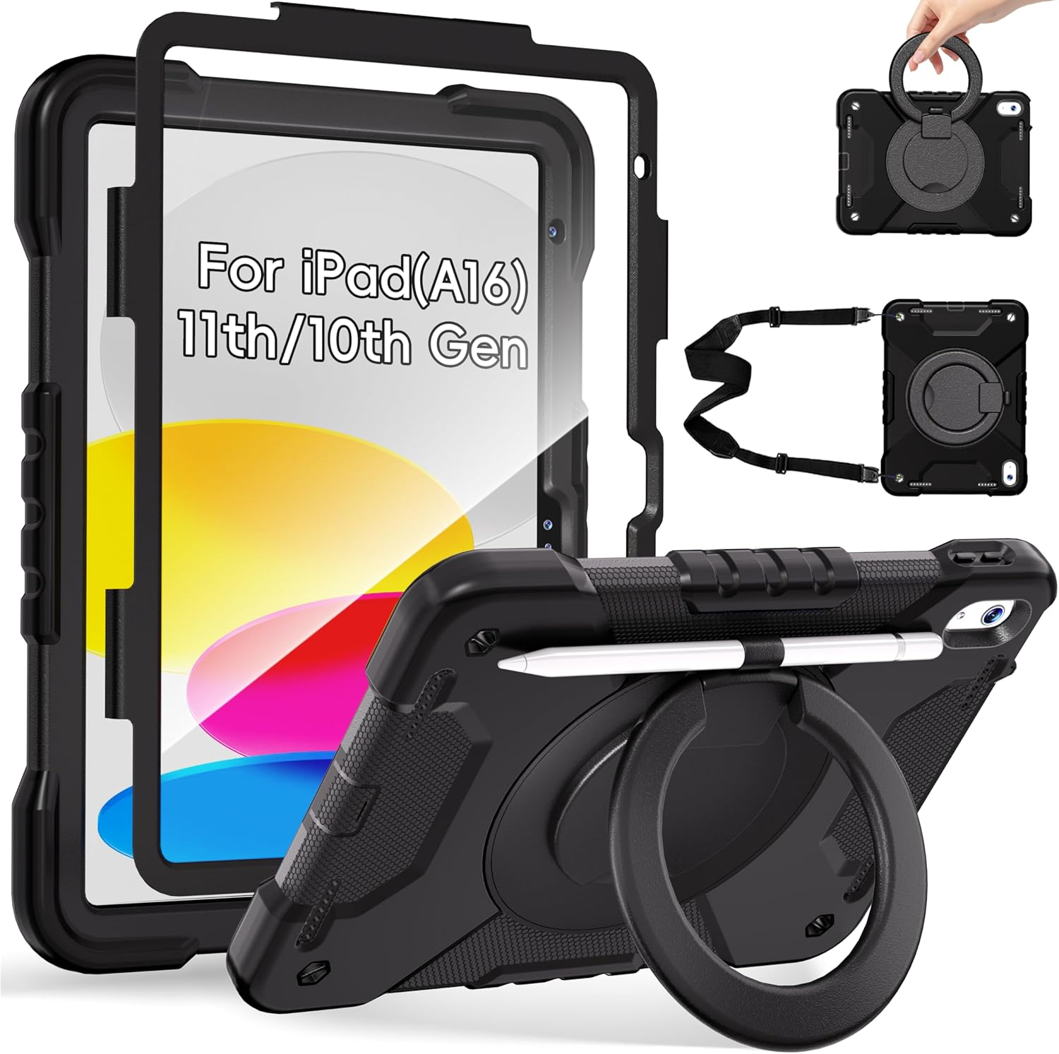 Case for Ipad (A16) 11Th Generation 11 Inch 2025/10Th Generation 10.9 Inch 2022, Heavy Duty Shockproof Cover with 360&deg; Rotating Handle/Bracket/Pen Holder/Shoulder Strap, Blue+Green