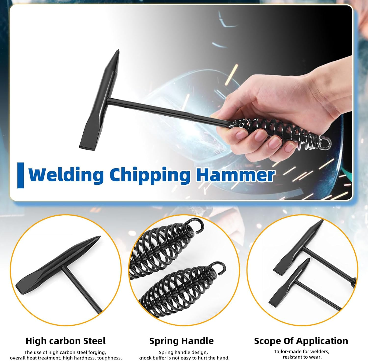 Glarks 3Pcs 500G Welding Chipping Hammer with Steel Wire Brush and Wire Scratch Brush Kit, Welding Hammer Slag Removal Tool with Coil Spring Handle, Cone and Vertical Chisel for Removing Slag image number 1