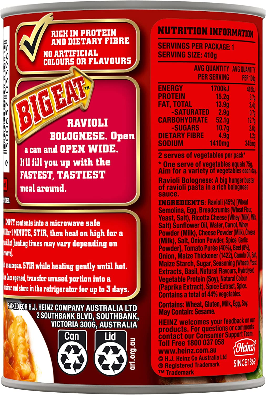 Heinz Big Eat Ravioli Bolognese Pasta Canned Pasta in Sauce Ready to Eat Quick and Convenient Meal 410G image number 3