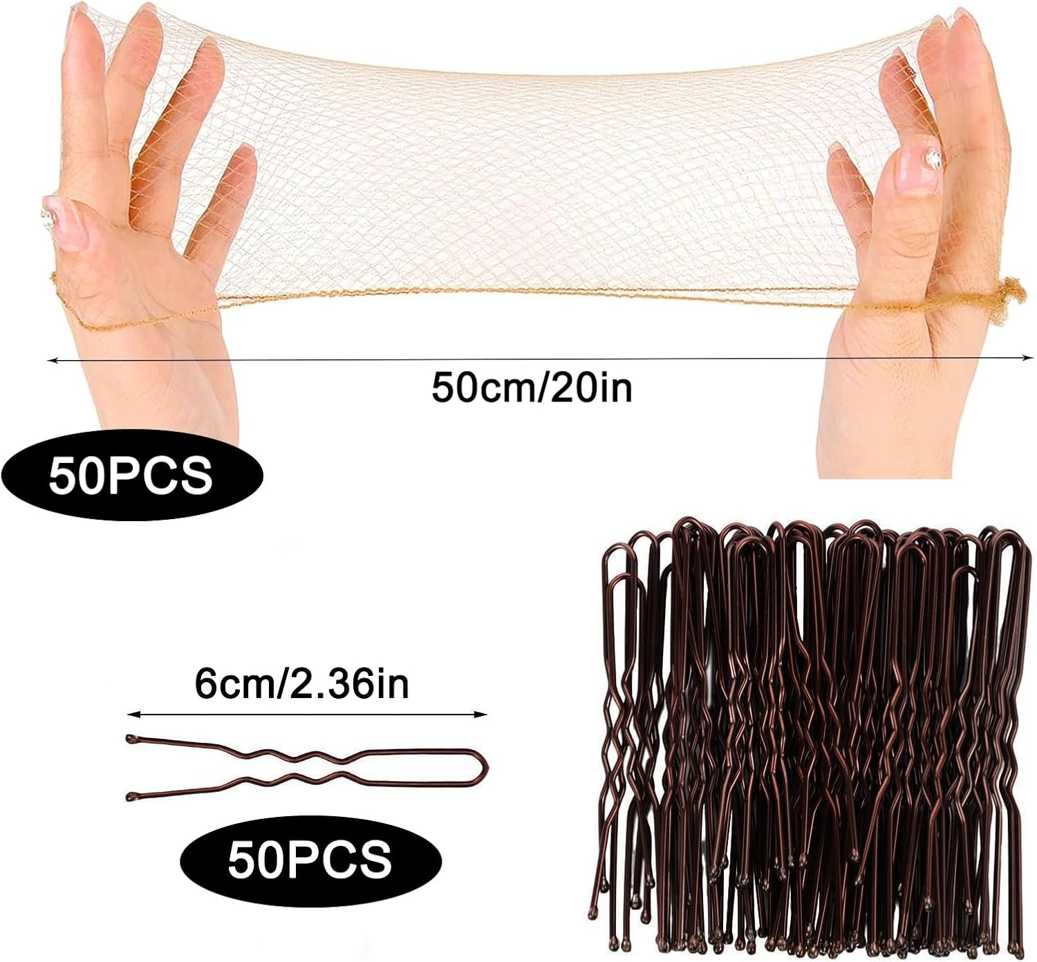 50PCS Hair Net Bun Net Hair Bun Shapers & 50PCS U Shaped Bobby Pins for Ballet Dancers Invisible Elastic Mesh Nets 50Cm Hair Accessories for Styling Ballet Bun Maker for Women Girls Kids | Light Brown image number 2