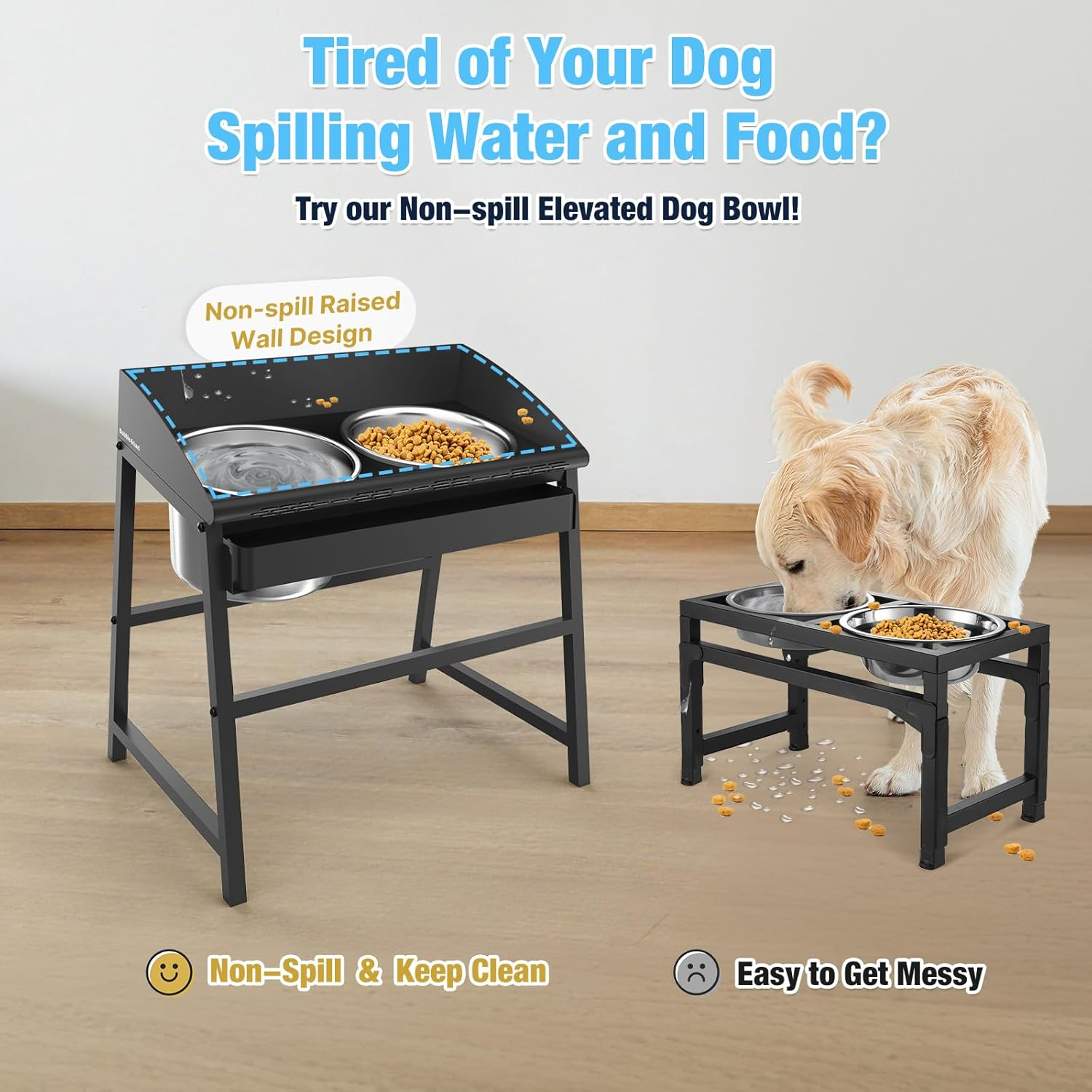 Elevated Dog Bowls for Large Dog, 38Cm Tall Raised Food and Water Bowl Set with Stand, Full Metal Spill Proof Design and Stainless Bowls for Indoor & Outdoor Use image number 2