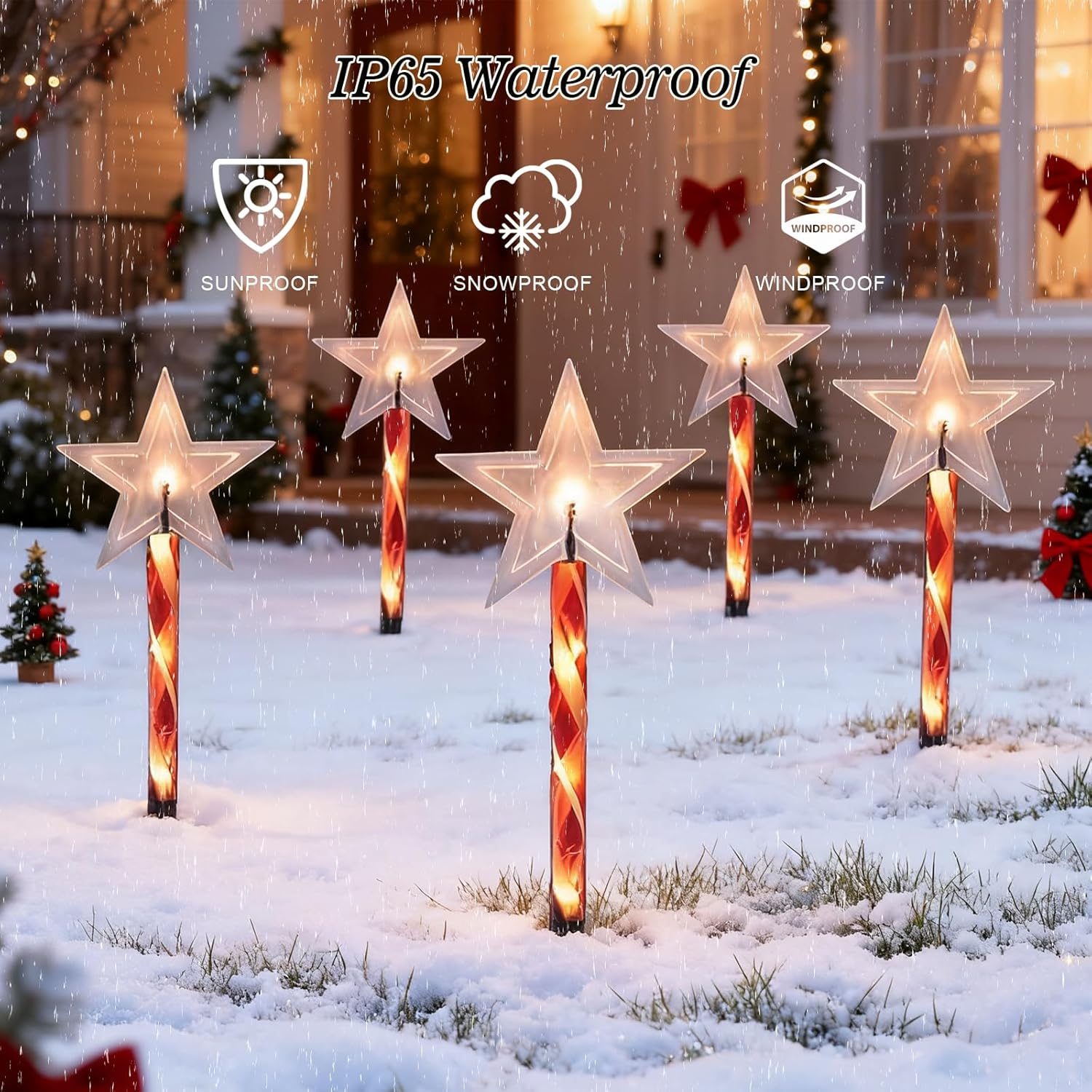 Quintrost Solar Christmas Lighting Star for Outdoors, Pack of 5 Christmas Stars Garden Lights, IP65 Waterproof Solar Lights, Christmas Decoration for Garden, Patio, Walkway, Yard, Lawn, Warm White image number 3