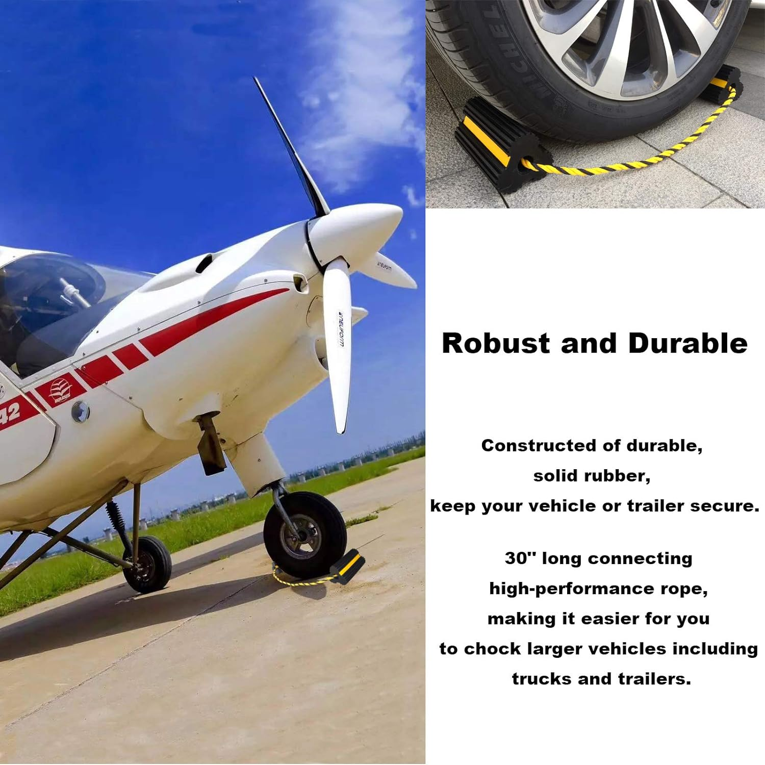 Heavy Duty Rubber Dual Wheel Chocks Front and Back, RV Leveling Blocks Non Slip Base with Nylon Rope Yellow Reflective Tape for Travel Trailers, Car, Camper, Truck 1 Pair image number 3