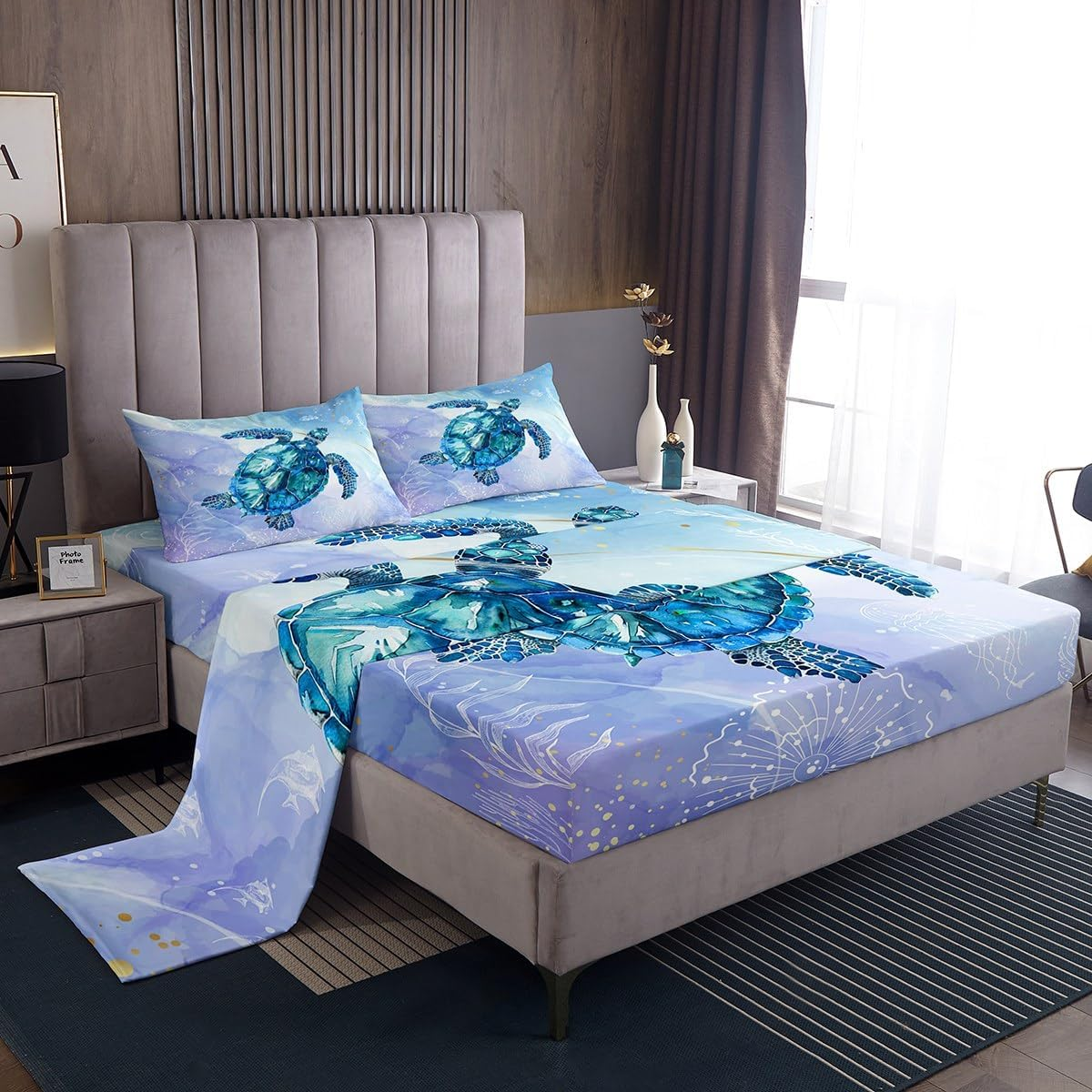 Feelyou Seahorse Sheet Set Queen Ocean Creature Themed Sheets with Deep Pocket Fitted Sheet Sea Creature Underwater World Bed Sheets Set Marine Life Sealife Bedding Set Room Decor Underwater Bed Set
