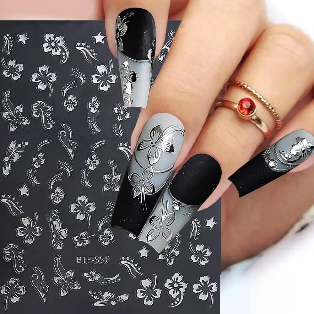 6Sheets Hibiscus Flowers Nail Stickers, 3D Self-Adhesive White Pink Gold Flower Pattern Nail Decals Manicure Tropical Accessories for Women Girls image number 3