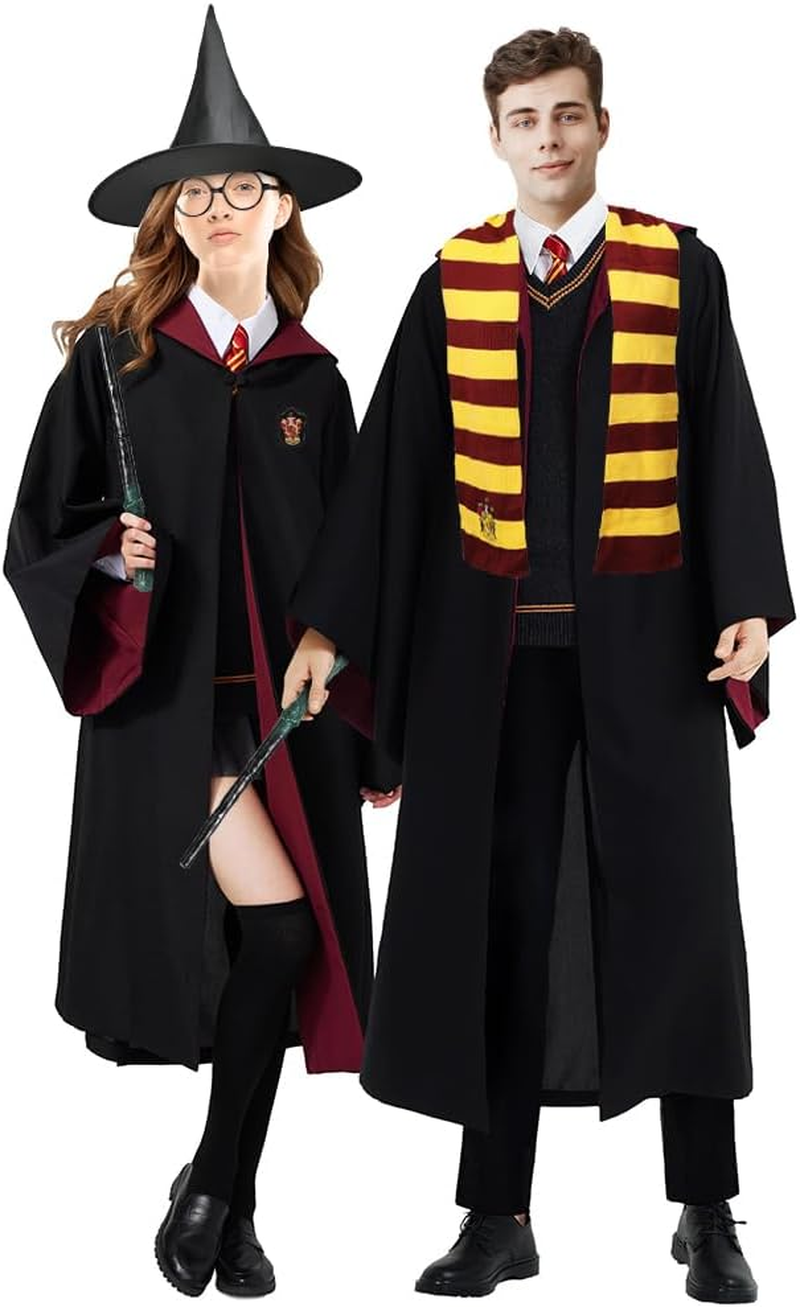 AUTOWT Unisex Wizard Cloak Costume Set for Adults, 6Pc Magician Wizarding Robe Outfits with Hooded Cape Magic Hat Wand Scarf Glasses Tie Movie Dress up Accessory for School Carnival Halloween Cosplay image number 5