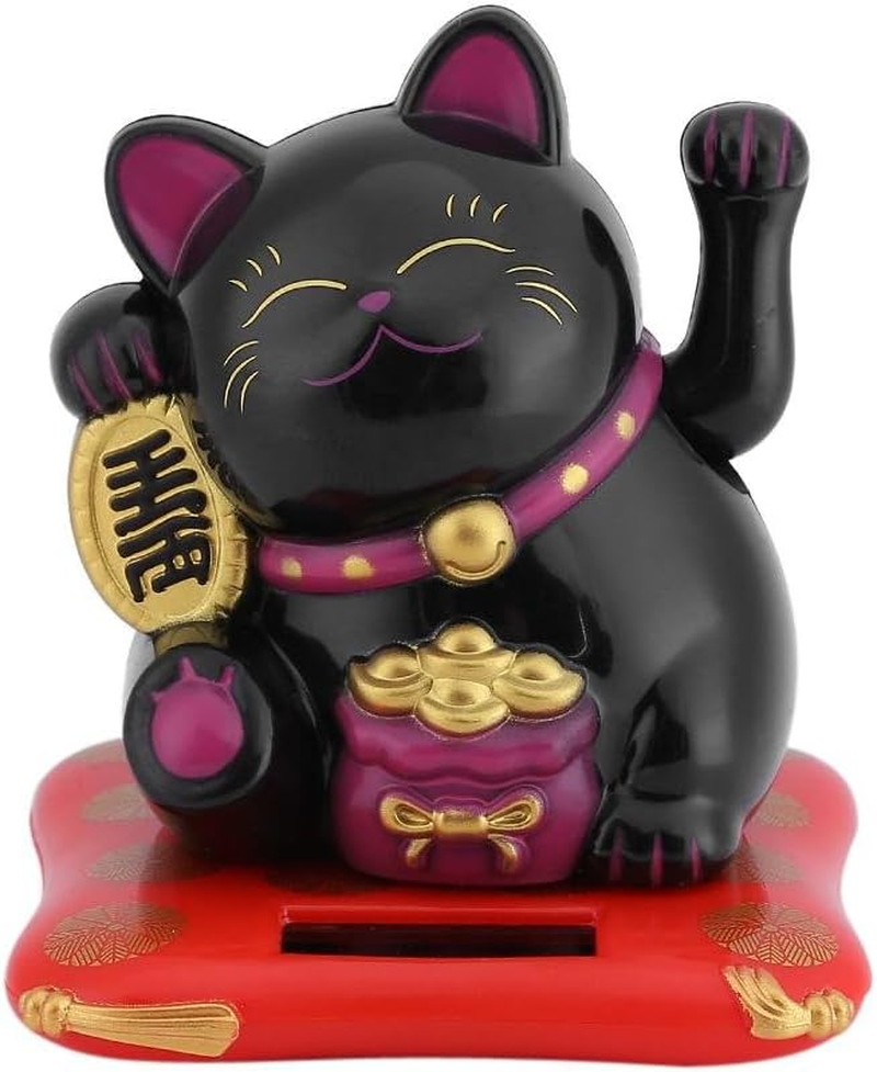 Lucky Cat, Solar Powered Cute Waving Cat, Maneki Neko Waving Arm for Fortune Money and Good Luck, Fengshui Lucky Cat Swinging Arm for Home Display/Car Decor(Black)