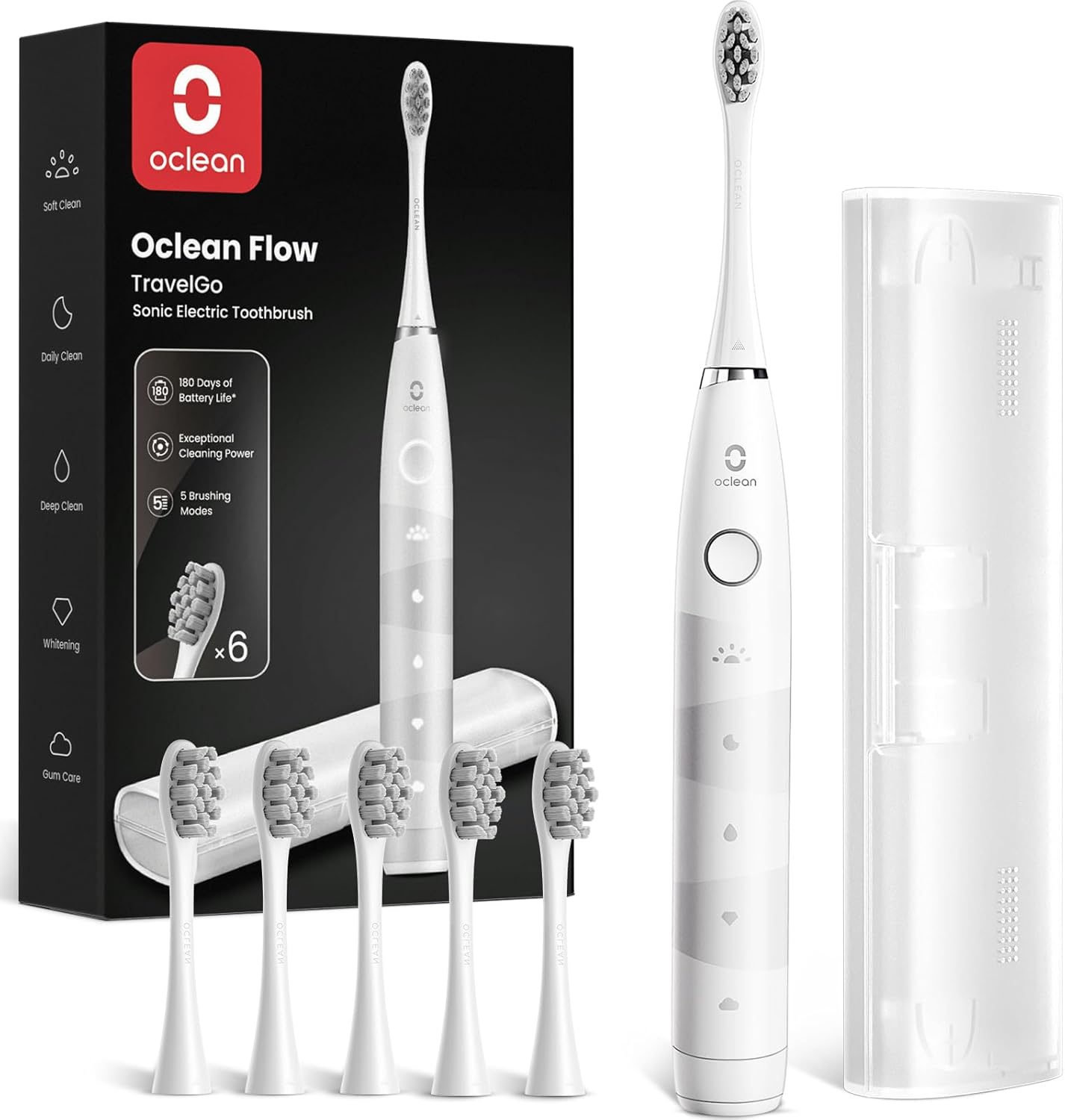 Oclean Flow Travelgo Sonic Electric Toothbrush &ndash; 180-Day Battery, 5 Modes, 6 Dupont Heads, Timer, Pressure Sensor, IPX7 Waterproof &ndash; Oral Hygiene - White