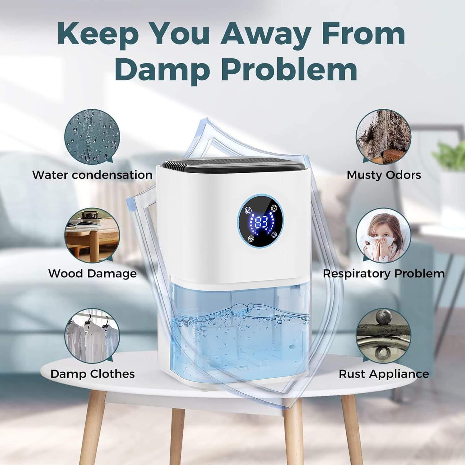 2000ML Dehumidifiers for Home, Multifunctional Air Purifier Dehumidifier with Touchscreen Control,Humidity Setting,7 Colorful Light,Quiet Sleep Mode,Auto Shut-Off,For Drying Clothes,Bedroom,Bathroom