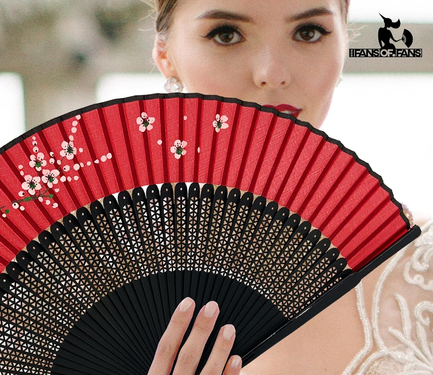 FANSOF.FANS Floral Red and Black Chinese Japanese Silk Fabric Handheld Folding Hand Fan with Pouch and Gift Box Grade a Bamboo Ribs for Women Girls Dance Event Birthday Wedding Favour Gift (Style 02) image number 5