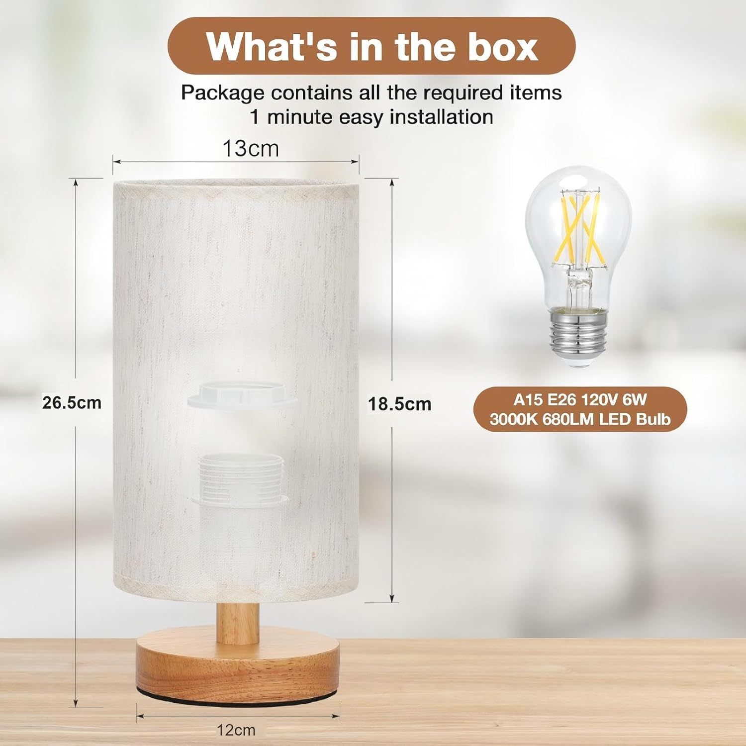 Small Table Lamp for Bedroom - Inline Control, Bedside Lamp with 3000K A15 LED Blub, Easy Assembly (Cream Shade - Wood Base, 9" Inline Control) image number 3