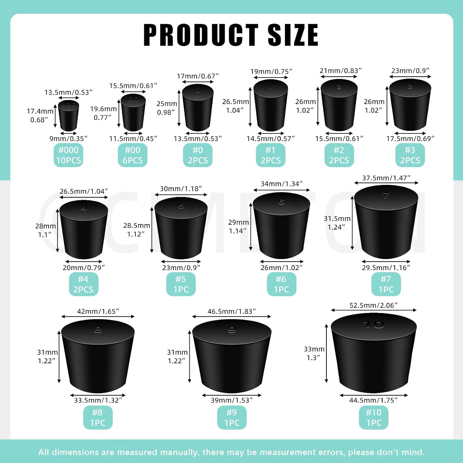 32PCS Solid Rubber Stoppers Assortment Kits 000#-10# 13 Assorted Sizes Black Lab Plug Tapered Lab Seal Rubber Stoppers for Pipe Tank Bottle Sealing(Black) image number 6