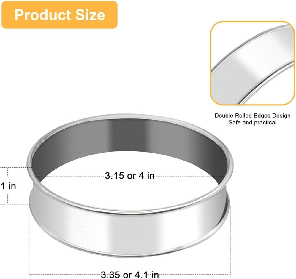 Aufondof 8 Pack 4 Inch Metal English Muffin Rings Double Rolled Nonstick Pastry Ring Mold Stainless Steel Muffin Tart Rings for Dessert Food Making Tool Kitchen Baking image number 5