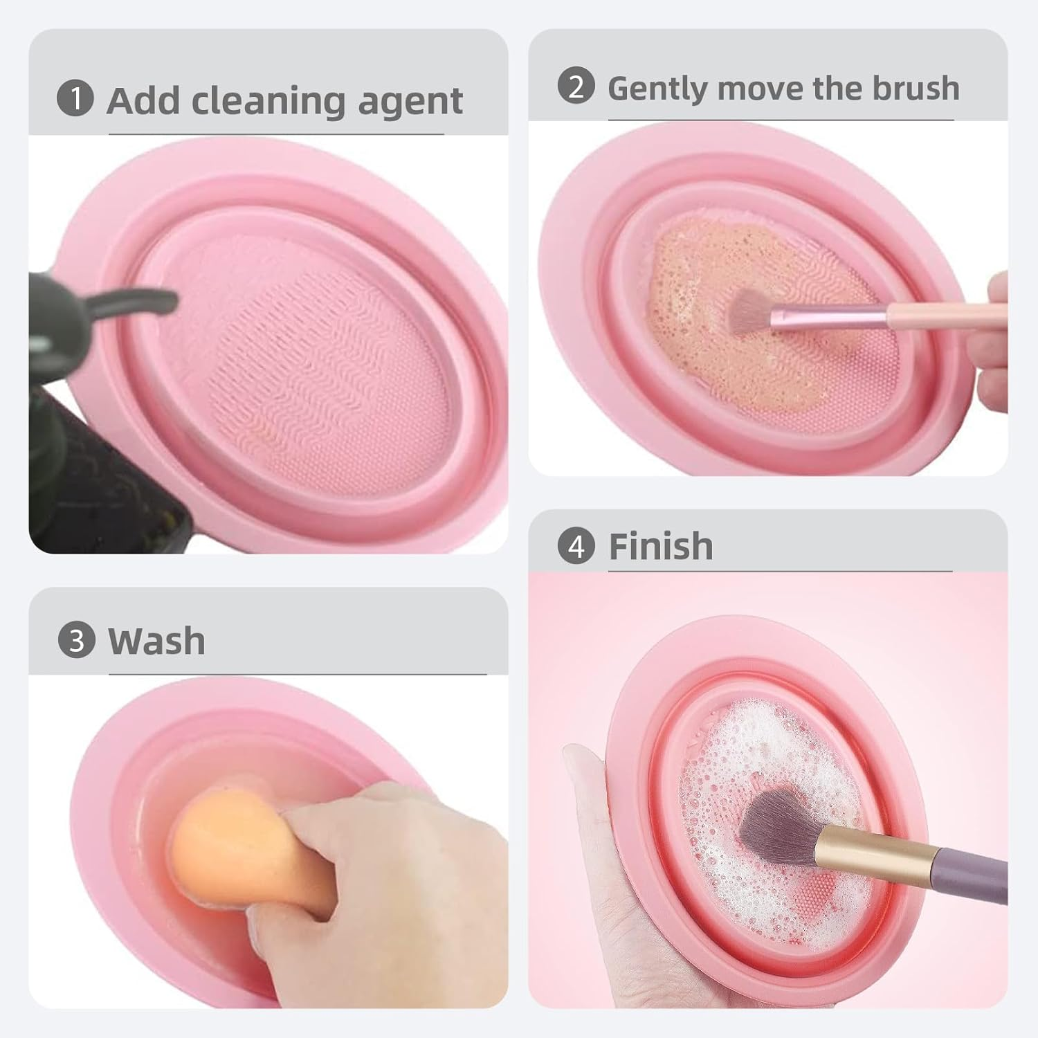 Hzqzaoan 2 Pcs Foldable Silicone Makeup Brush Cleaner Bowl, Makeup Brush Cleaning Mat Foldable Environmental Silicone Cleaning Bowl, Portable Cleaning Tool for Brushes/Puffs/Sponges (Purple + Pink) image number 3