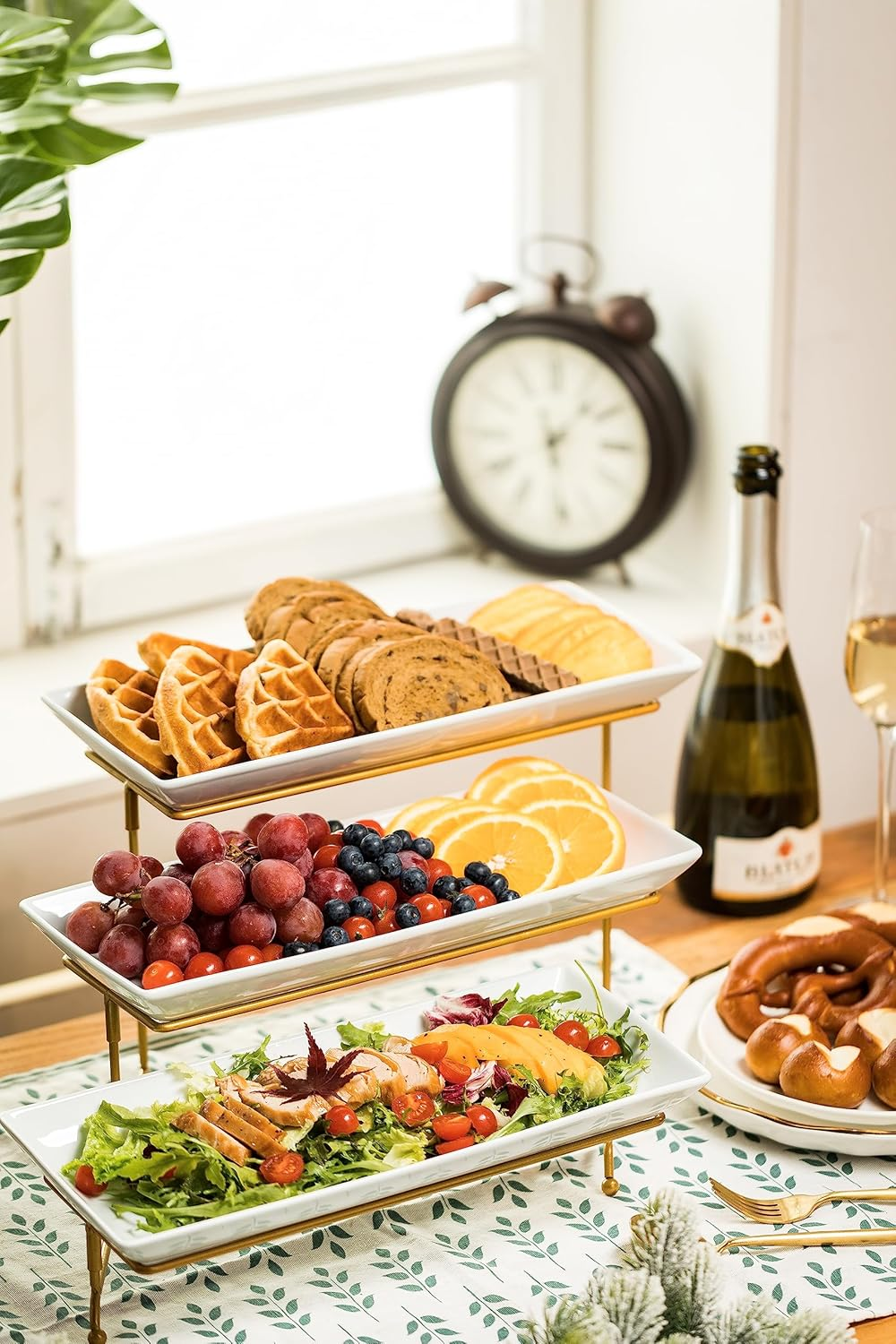 Large 3 Tier Serving Stand Tiered Serving Trays Collapsible Sturdier Rack with 3 Porcelain Serving Platters for Fruit Dessert Presentation Party Display Set, 14 Inch image number 2