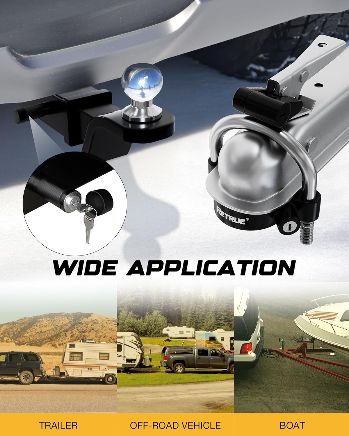 RETRUE Keyed Alike Trailer Lock Set Tow & Store Lock Kit Include Universal Coupler Lock & Dual Hitch Receiver Pin Lock & Trailer Tongue Coupler Lock Set, Black