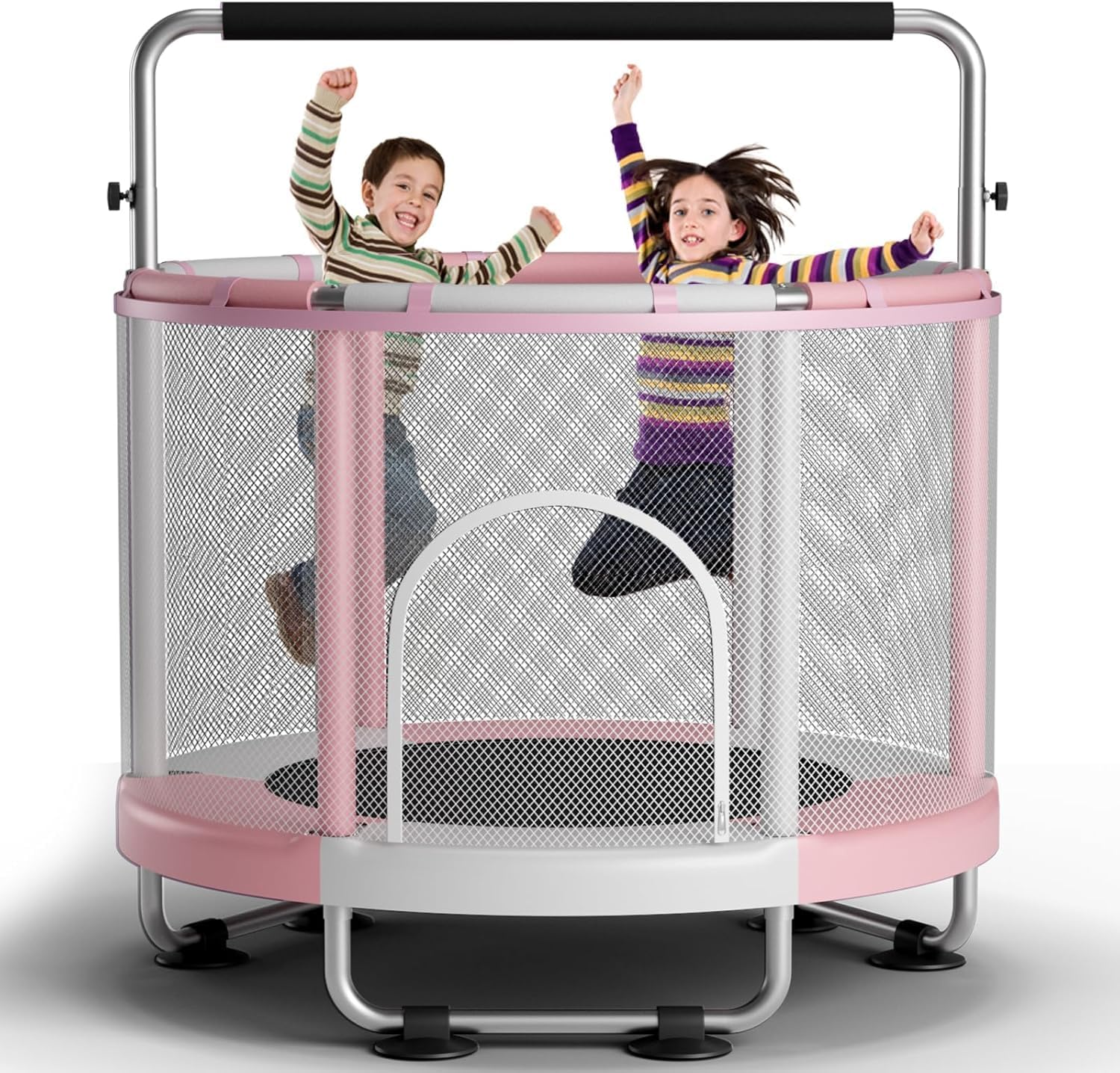 60" Trampoline for Kids with Enclosure, 440Lbs Capacity Indoor & Outdoor Toddler Trampoline with Adjustable Gymnastics Bar & Toys, for Boys & Girls - Pink image number 2