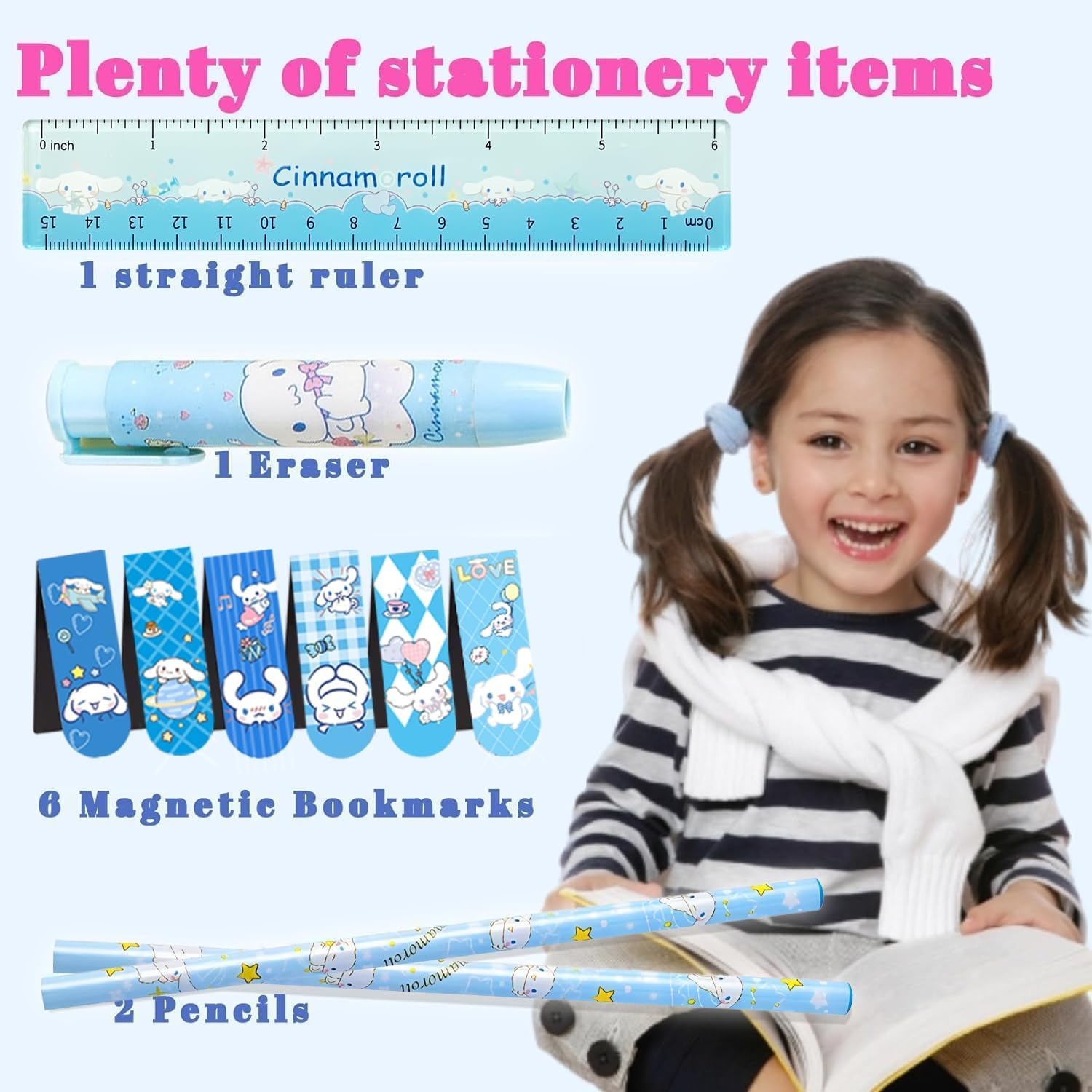 Cute School Supplies Present Set Kawaii Including Ballpoint Pens, Pencil Case, ID Badge Holder, Stickers, Key Chain, A5 Notebook, Bookmark, Eraser, Ruler for Girls Kids Teens image number 3