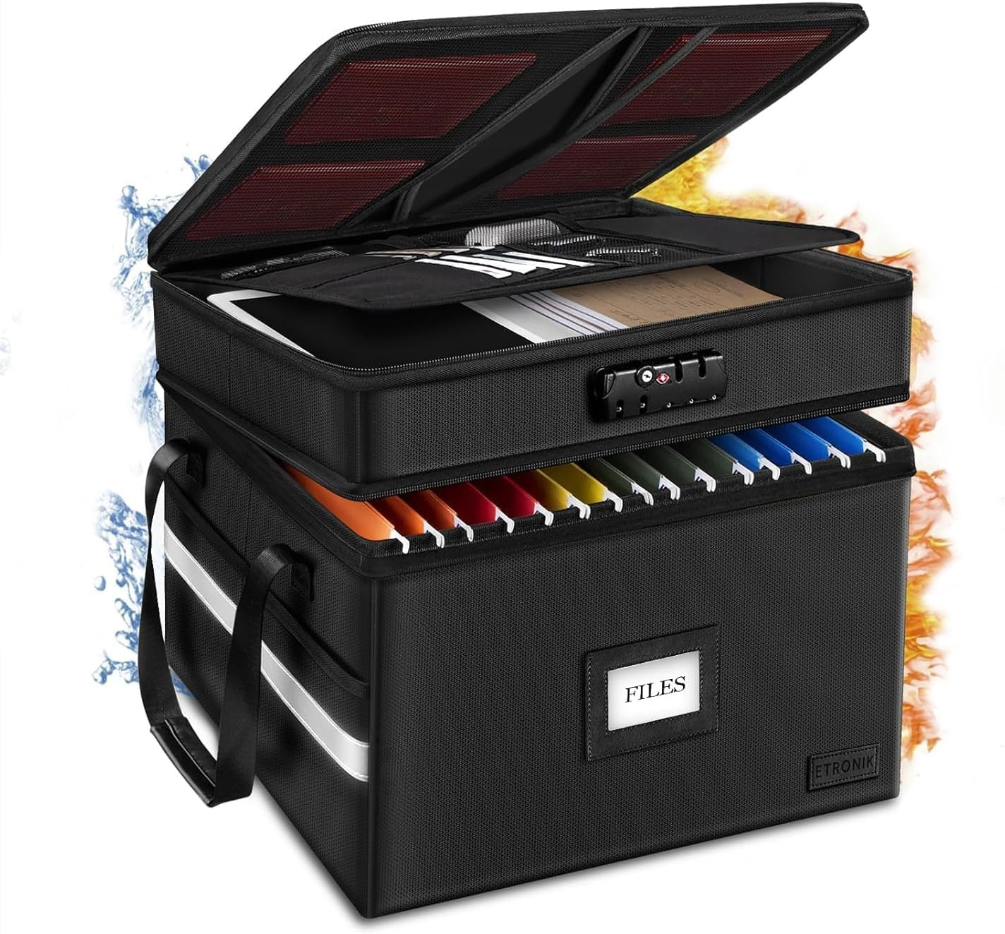 Fireproof Document Box with Lock, 2 Layer File Cabinet Organizer with 5 Tab Inserts, Portable Office Collapsible File Storage with Reflective Strip for Hanging Letter, Legal Size Folder image number 2