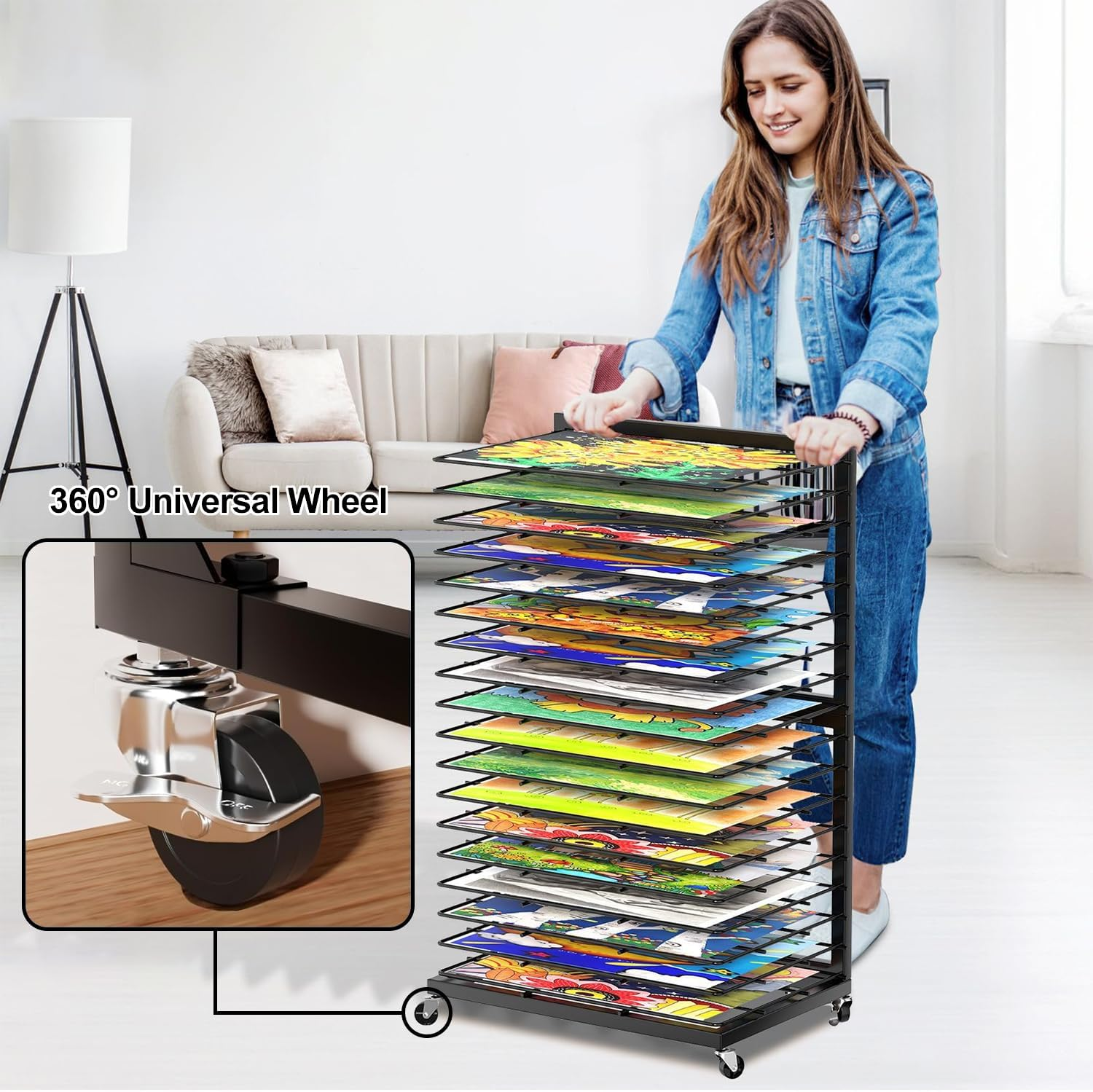 HOOMFIT Portable Art Storage Rack,Painting Drying Rack, 18 Removable Shelves Art Drying Rack with Lockable Wheels image number 1