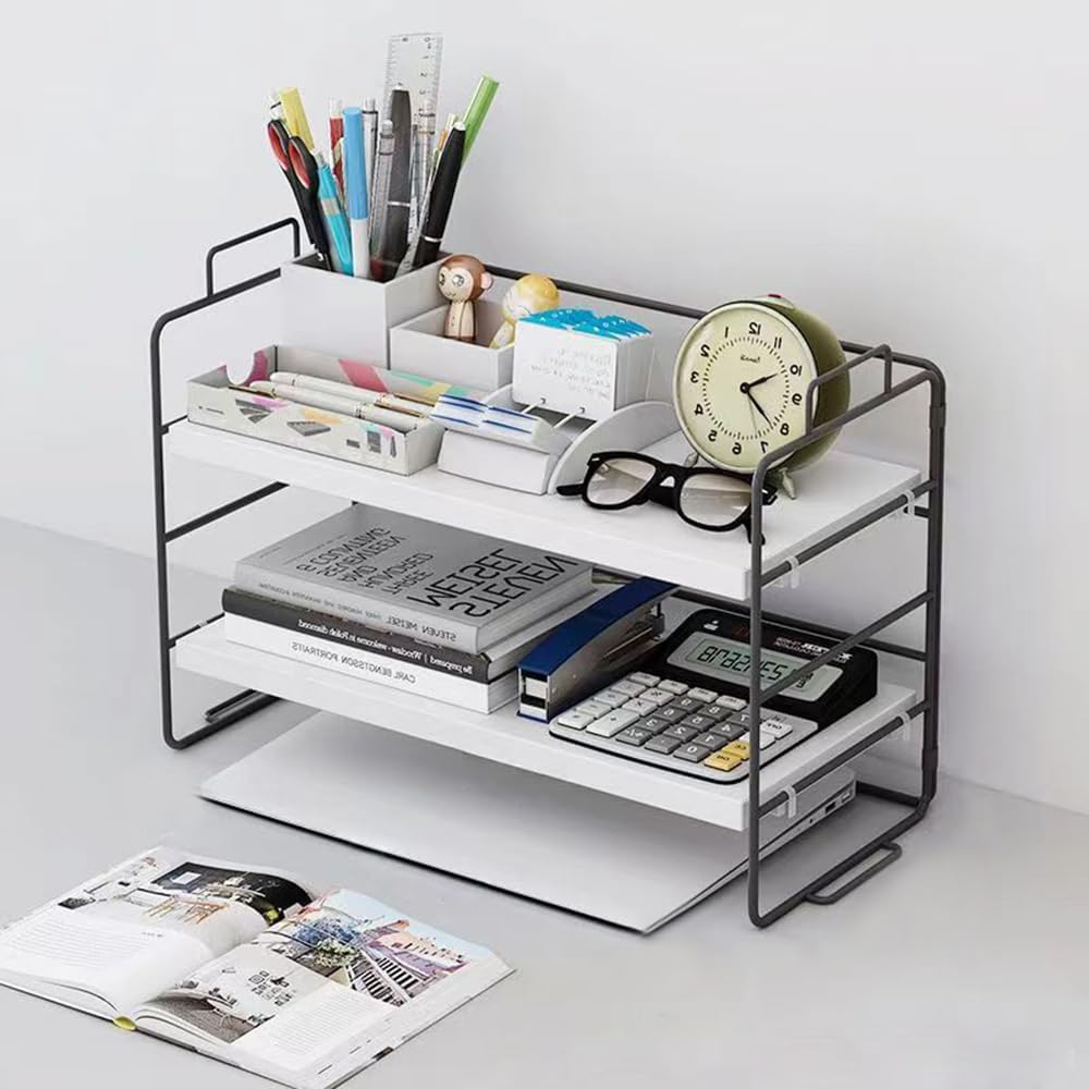 Hbluefat Desktop Shelf Organizer, 2-Tier Adjustable Wood Bookshelf Storage Rack, Small Multi-Functional Stackable Countertop Display Shelf for Home Office School (Walnut+Black)