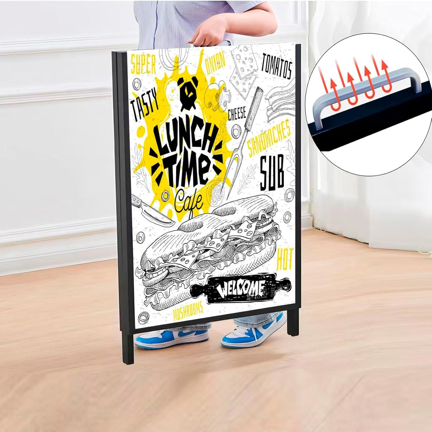 A Frame Sign Double-Sided, Folding Sandwich Board, Heavy Duty Slide-In Sidewalk Signboard, Metal Pavement Sign(Frame Only), Black 60 * 90 * 105Cm image number 5