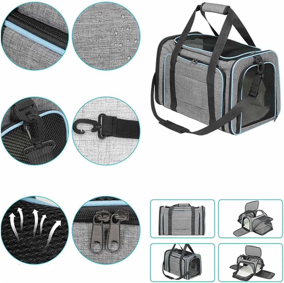 Expandable Pet Carrier, Hand-Held Foldable with Mesh Pocket, Large Capacity Pet Travel Bag with Fleece Pad, Suitable for Kittens, Rabbits, Puppies and Small Animals. (Gray Blue)
