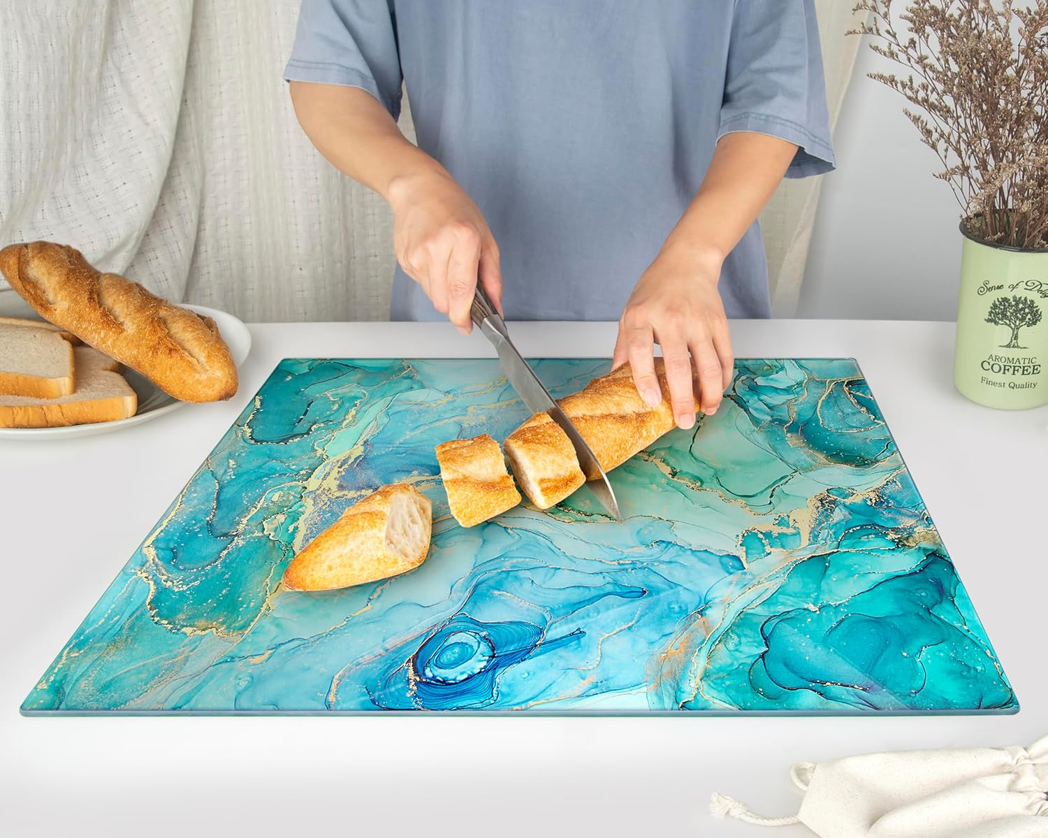 Glass Chopping Board 50 X 40 Cm - Hygienic Tempered Glass Chopping Board - Heat Resistant, Scratch Resistant & Non-Slip - Glass Top for Kitchen - Turquoise Ocean image number 2