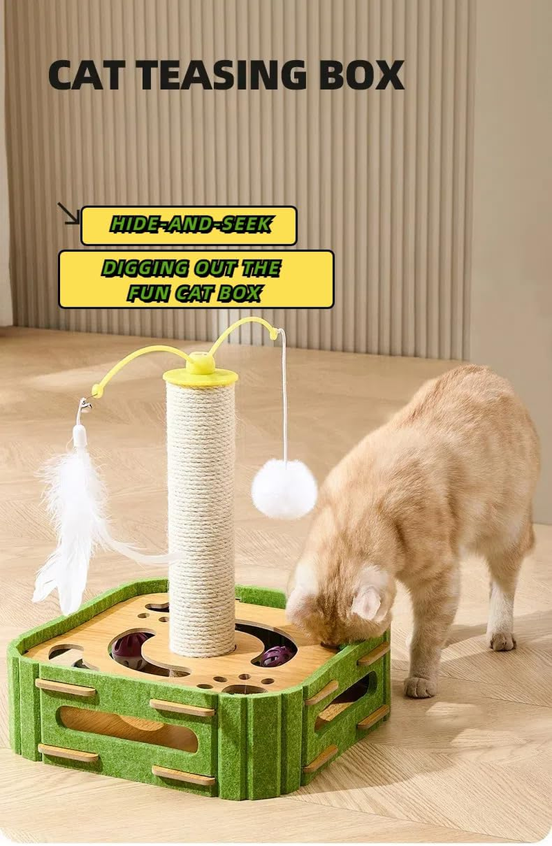 Cat Scratcher with Sisal Post and Interactive Maze Box &ndash; Rotating Teaser Wand, Wooden Base + Felt Material Puzzle Toy for Indoor Cats Play, Base Size 11.8"*11.8" (30 * 30Cm) Height 13.5" (35Cm)