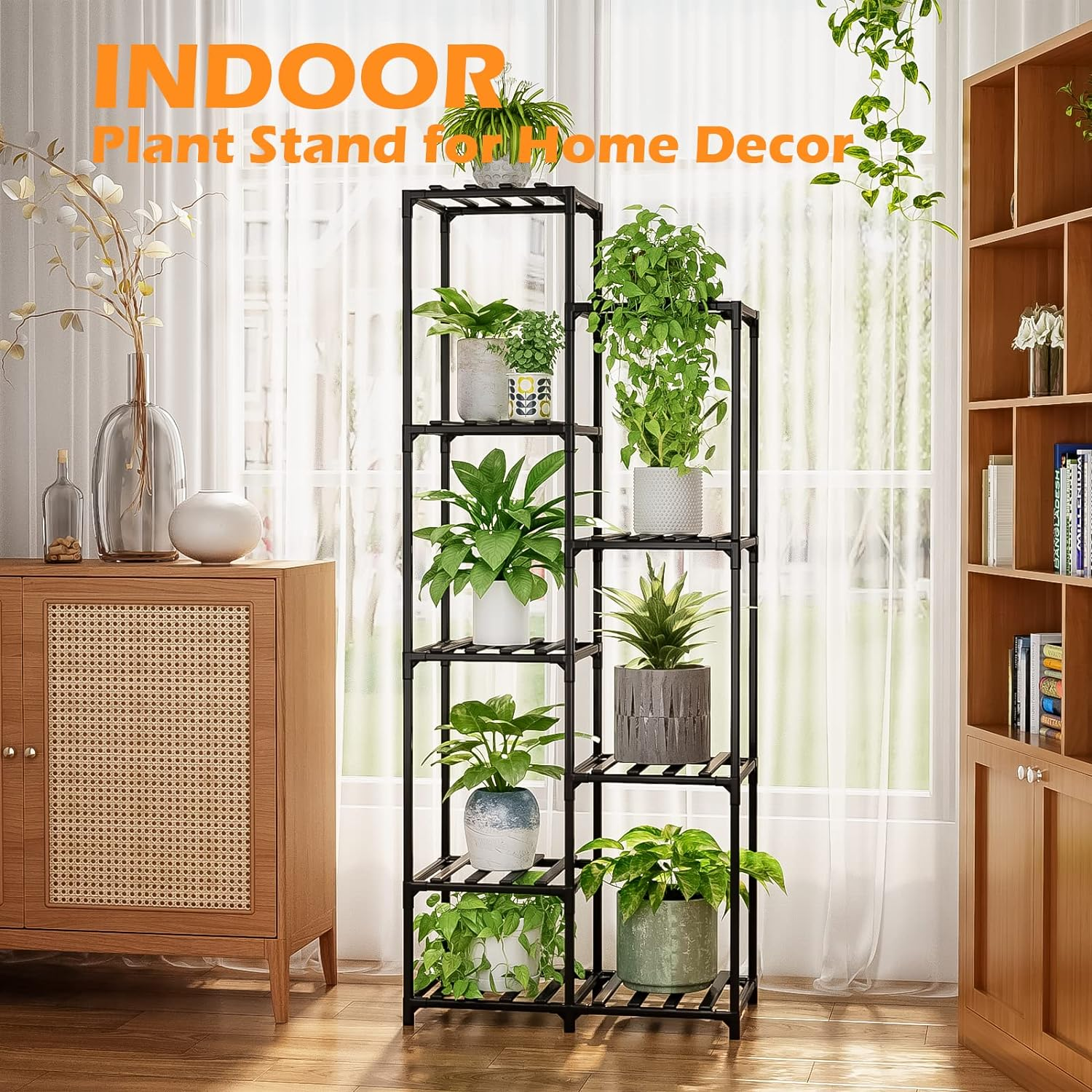 Bamworld Black Plant Stand Outdoor Tall Plant Shelf Indoor Corner Plant Shelf Flower Stands for Living Room Balcony and Garden (9 Pots Rectangle ) image number 1
