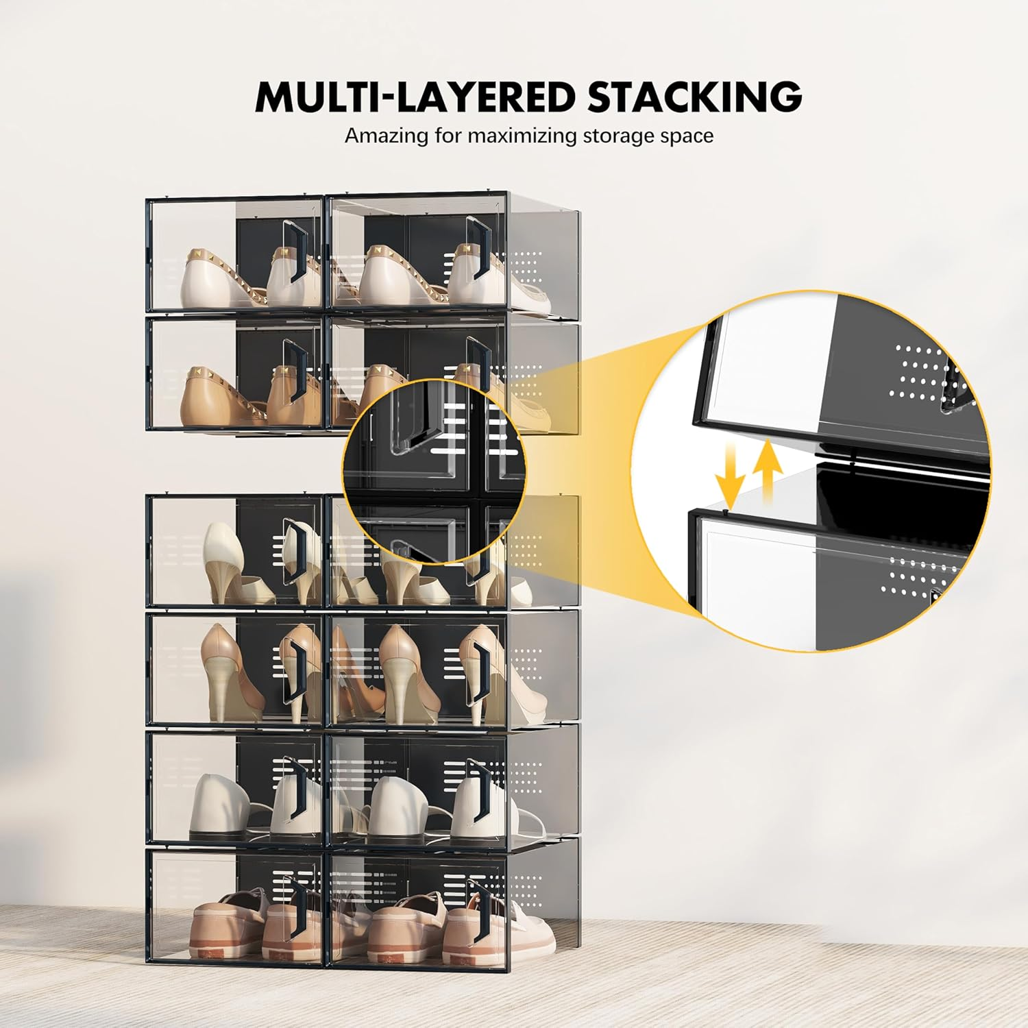 SEE SPRING 12 Pack Shoe Storage Box, Clear Plastic Stackable Shoe Organizer for Closet, Space Saving X-Large Sneaker Containers Bins Holders Fit up to Size 14 (Black) image number 1