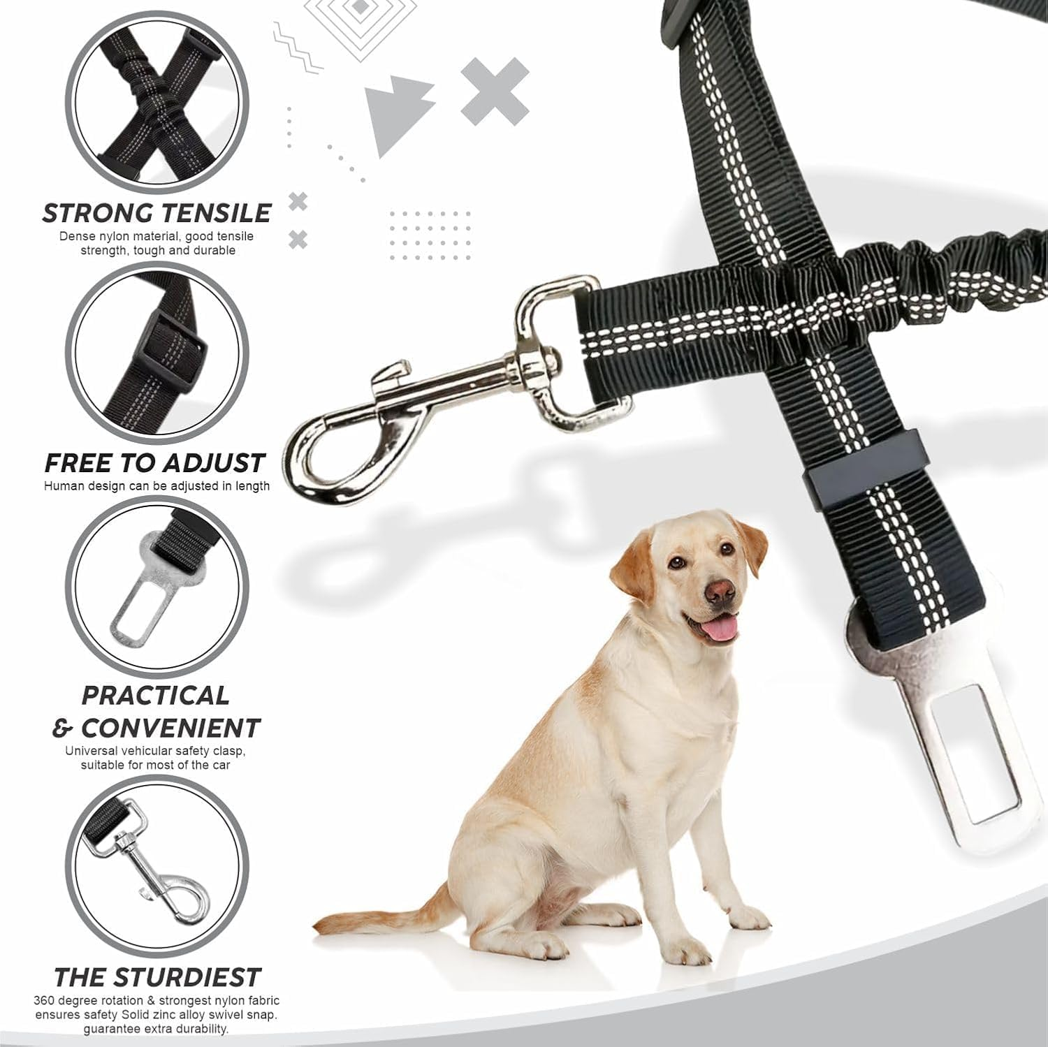 Dog Seat Belt,Adjustable Doggy Seat Belt with Elastic Bungee Buffer and Buckle Pet Vehicle Seatbelt Safety Lead Strong Dog Car Harness Puppy Travelling Leash Lead Travel Accessories (Black) image number 3