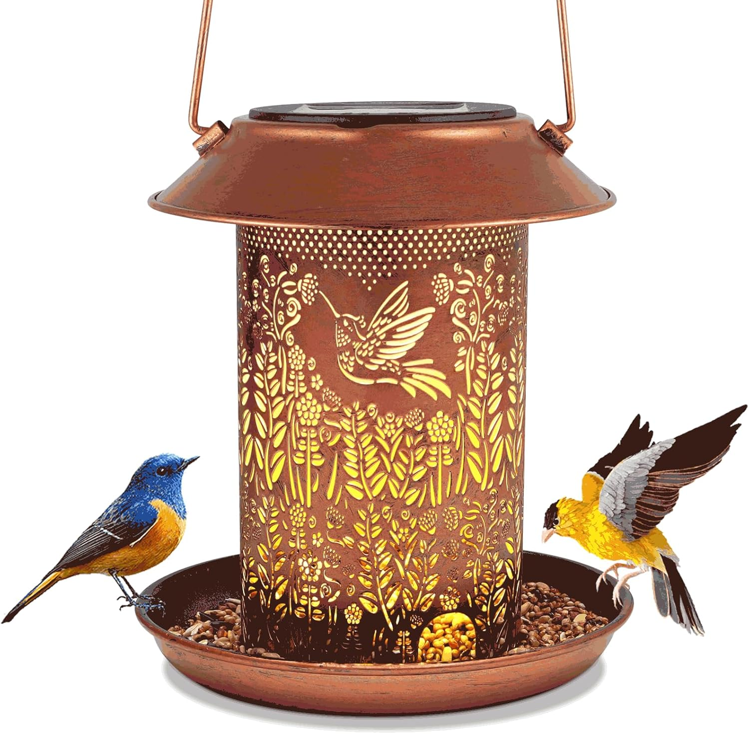 Solar Bird Feeder for Outdoor Hanging Garden Lantern Metal Waterproof Wild Birdfeeder for Cardinals Metal Decor Lanterns as Gifts for Mom Grandma Women（ Hummingbirds Pattern