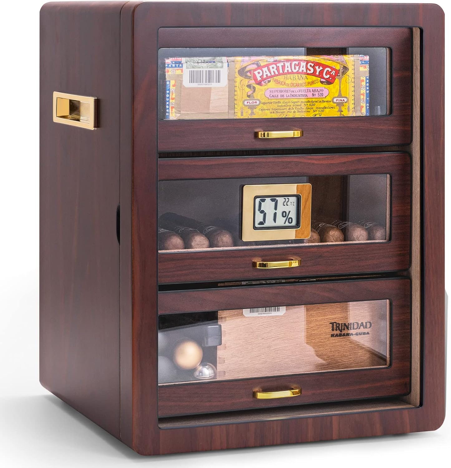 CIGARLOONG Cigar Humidor Cedar Wood 3 Drawers with Hygrometer and Humidifier Hidden Handle Moisturizing Box,Holds 100 Cigars Large Indoor Humidor(Brown2) image number 1