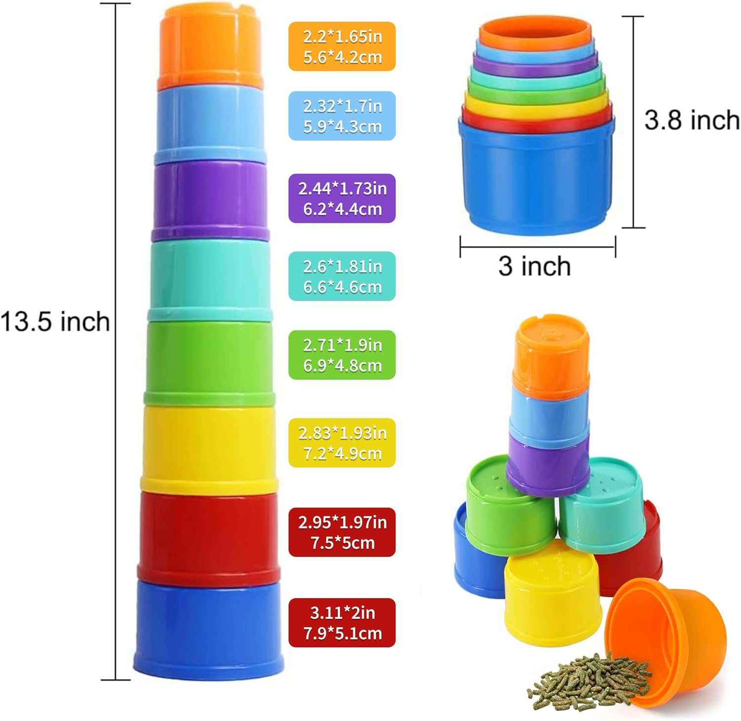 AMSGANK 8 PCS Stacking Cups, Rabbit Stacking Cups Bunny Pet Toys Rabbit Toys for Hiding Food and Playtime Fun Stack up Cups for Guinea Pigs Small Animals (Multi-Coloured) image number 2