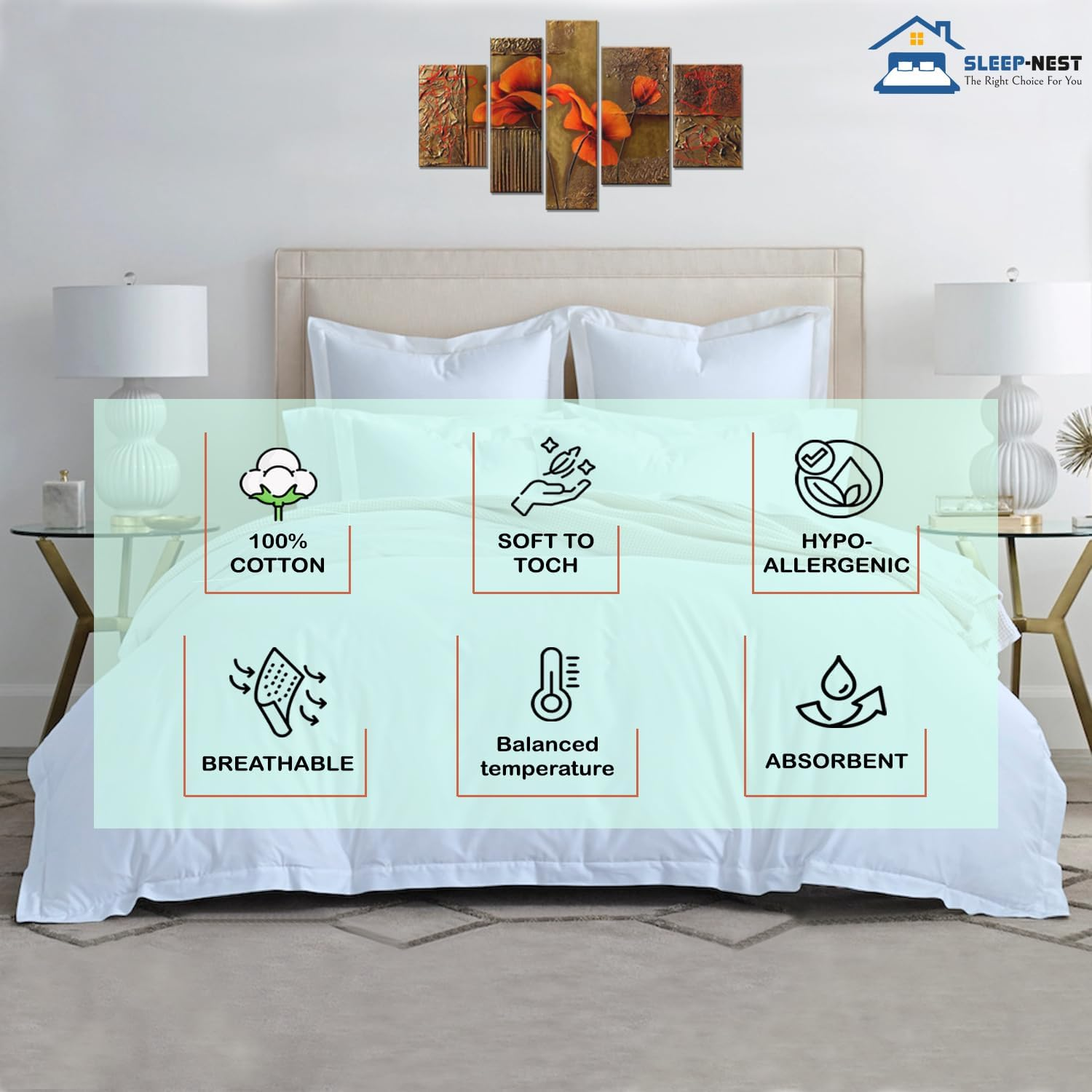 SLEEP-NEST Hotel Luxury Duvet Cover King Size 104"X90", 3 Piece All-Season Bedding Set with Zipper Closure & Corner Ties, 100% Egyptian Cotton, 600 TC, Extra Soft & Breathable Cover &ndash; Light Blue image number 6