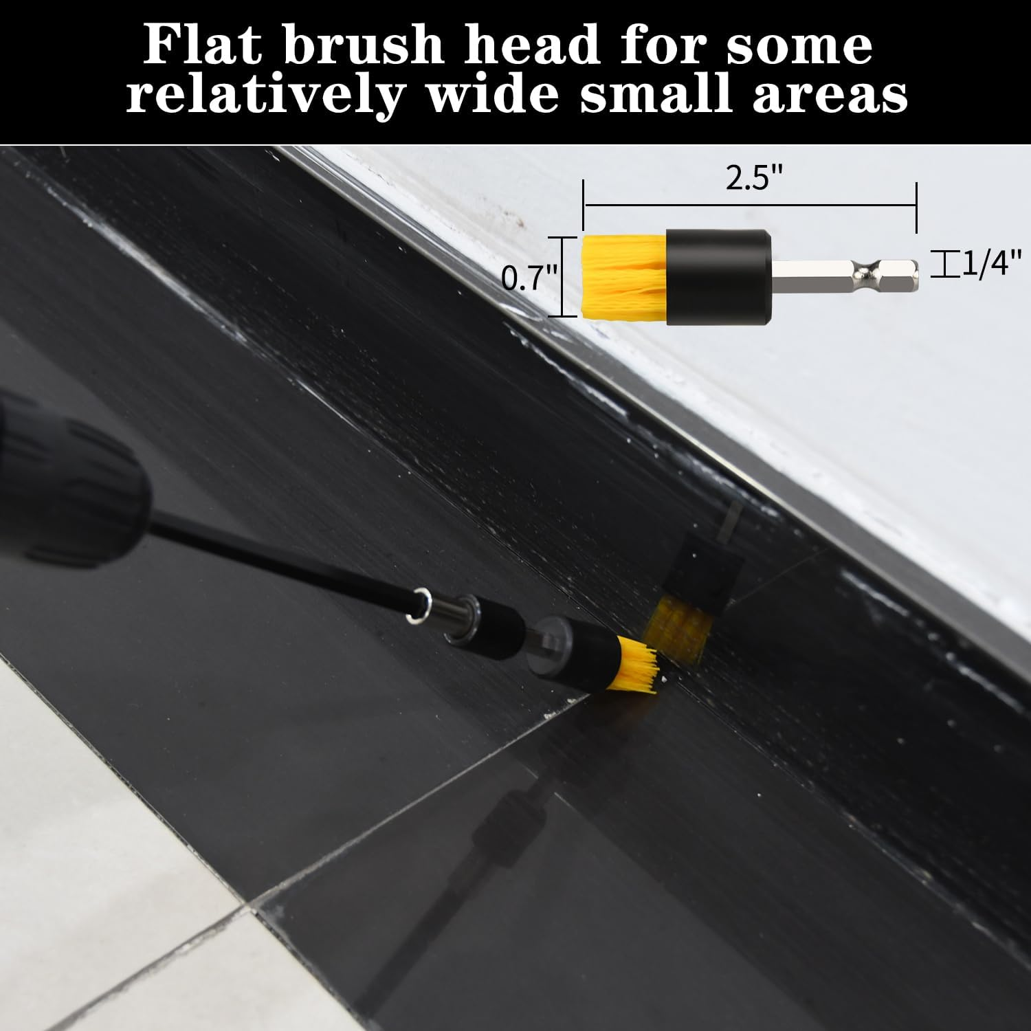 Mini Drill Brush Attachment Set, Includes 2 Tapered Brushes & 2 Flat Brushes, 1 Extension Rod, Small Corner Brush for Detailing Deep Cleaning(5Pcs) image number 4