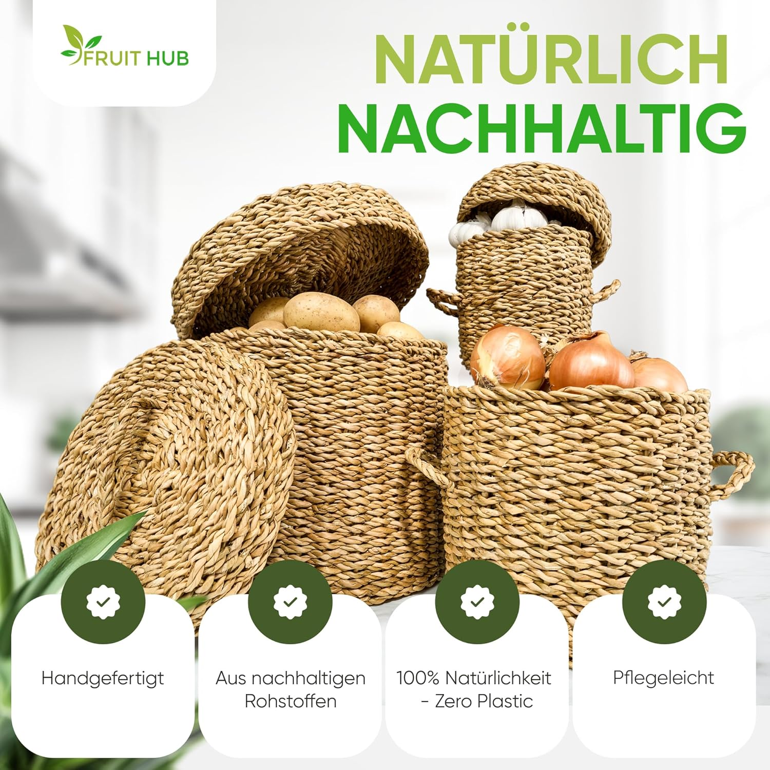 Fruit Hub&reg; Seagrass Potato & Onion Storage Box - Set of 3 Natural Vegetable Containers - Breathable & Lightproof - Sustainable Kitchen Organisation image number 2