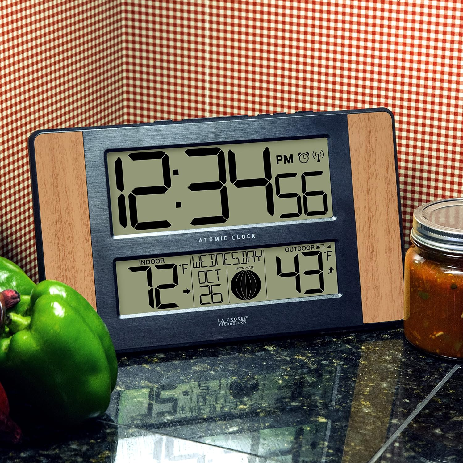 La Crosse Technology Atomic Digital Clock with Outdoor Temperature, Wood Oak, 0 image number 4