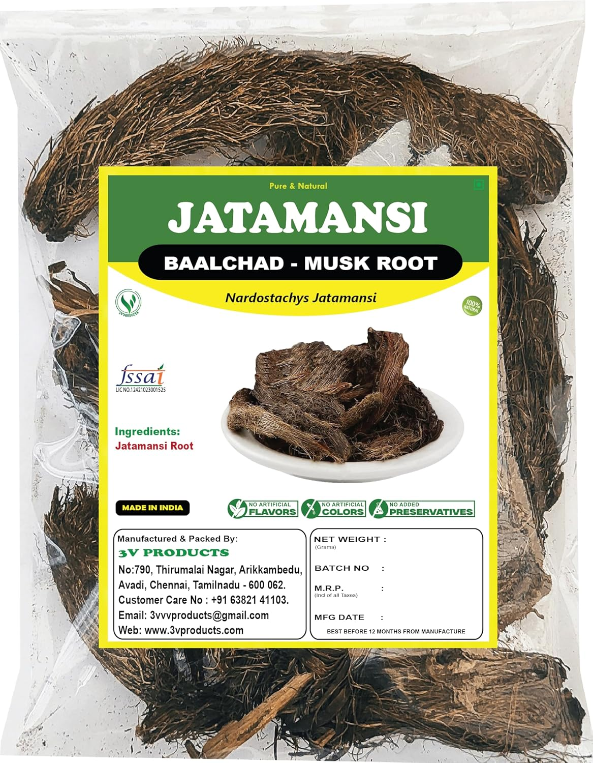 3V PRODUCTS Jatamansi Root 50G | Baalchad | Nardostachys Jatamansi | Spikenard | Musk Root | Nard Indian (Dried) image number 3