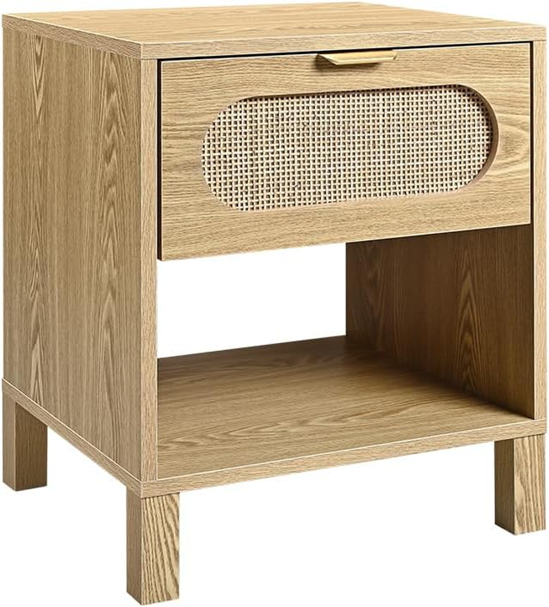 Furb Bedside Table with Storage Drawer Rattan Side End Table Small Narrow Nightstand for Living Room Bedroom Furniture, 43X38X52Cm image number 5