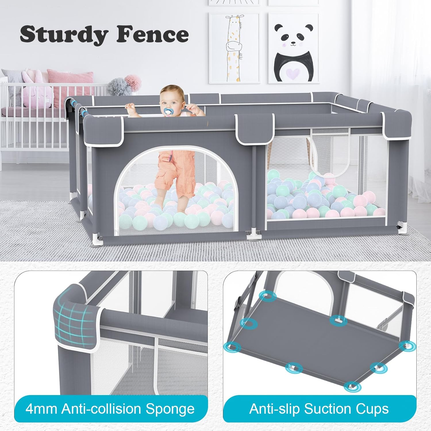 Advwin Baby Playpen 185 &times; 155Cm,Large Playpen for Toddlers,Sturdy Playpen with Soft Breathable Mesh,50 Ocean Ball and Pull Tabs,Non-Slip Base,Indoor & Outdoor Kids Activity for Infant Safety(Gray) image number 6