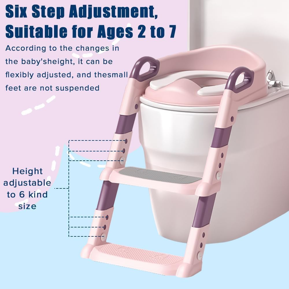 Yakiter Potty Training Seats, Kids Toilet Training Seat with Step Stool, Adjustable Height Ladder Guard Handle Soft Cushion White, Step Stool 2 in 1 Foldable Chair for Baby Toddler Boys Girls (Pink) image number 2